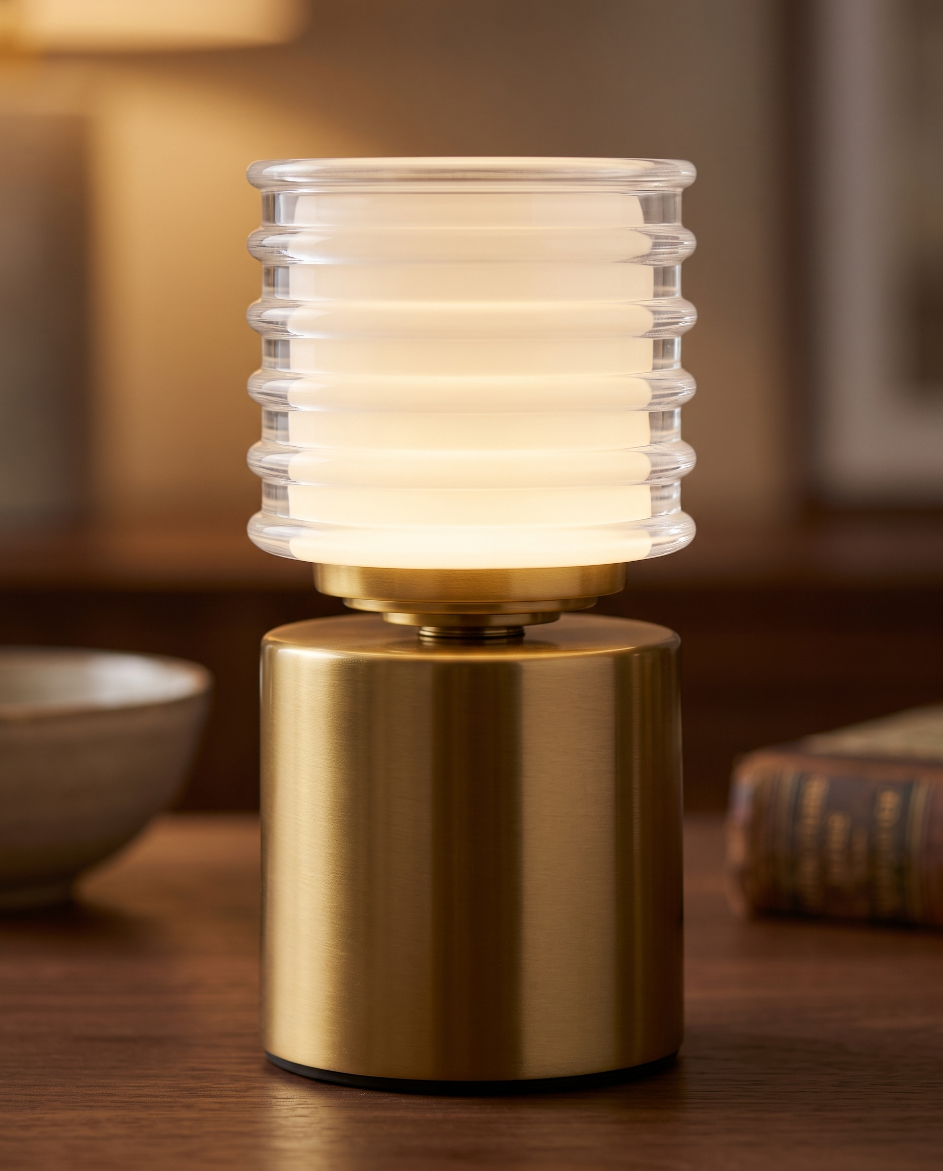 Rechargeable Acrylic Diffuser Table Lamp, Touch Dimming — macro detail of gold metal form and warm ribbed acrylic glow