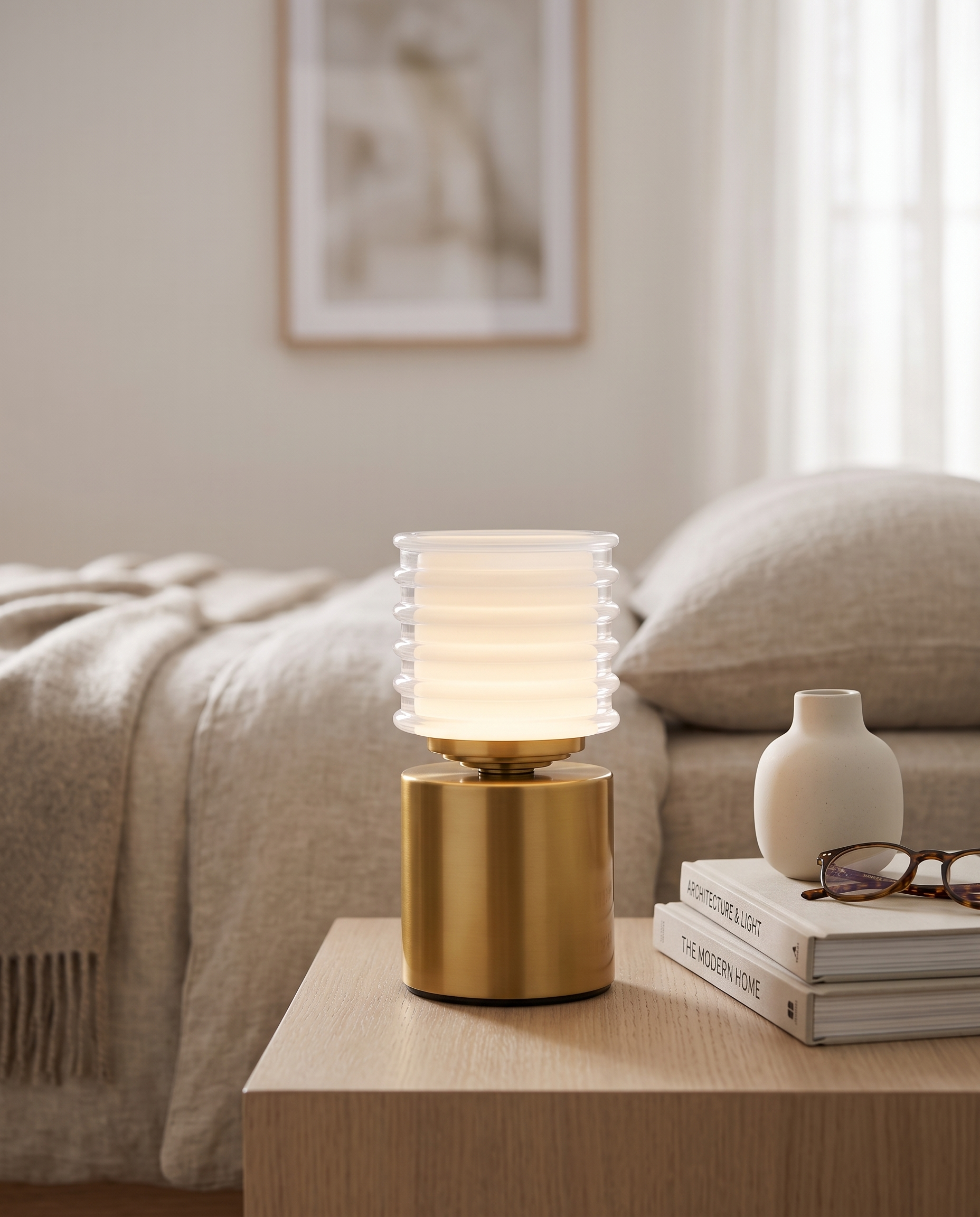 Rechargeable Acrylic Diffuser Table Lamp, Touch Dimming — Gold on a bedside nightstand with books and vase for scale