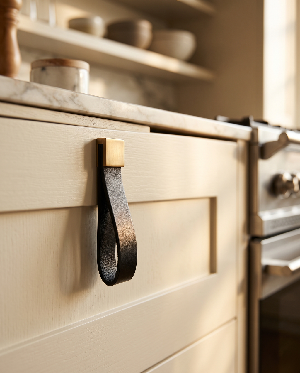 Leather and Brass Cabinet Pull, Zinc Alloy — Black finish pull, mounted on a cream Shaker kitchen drawer