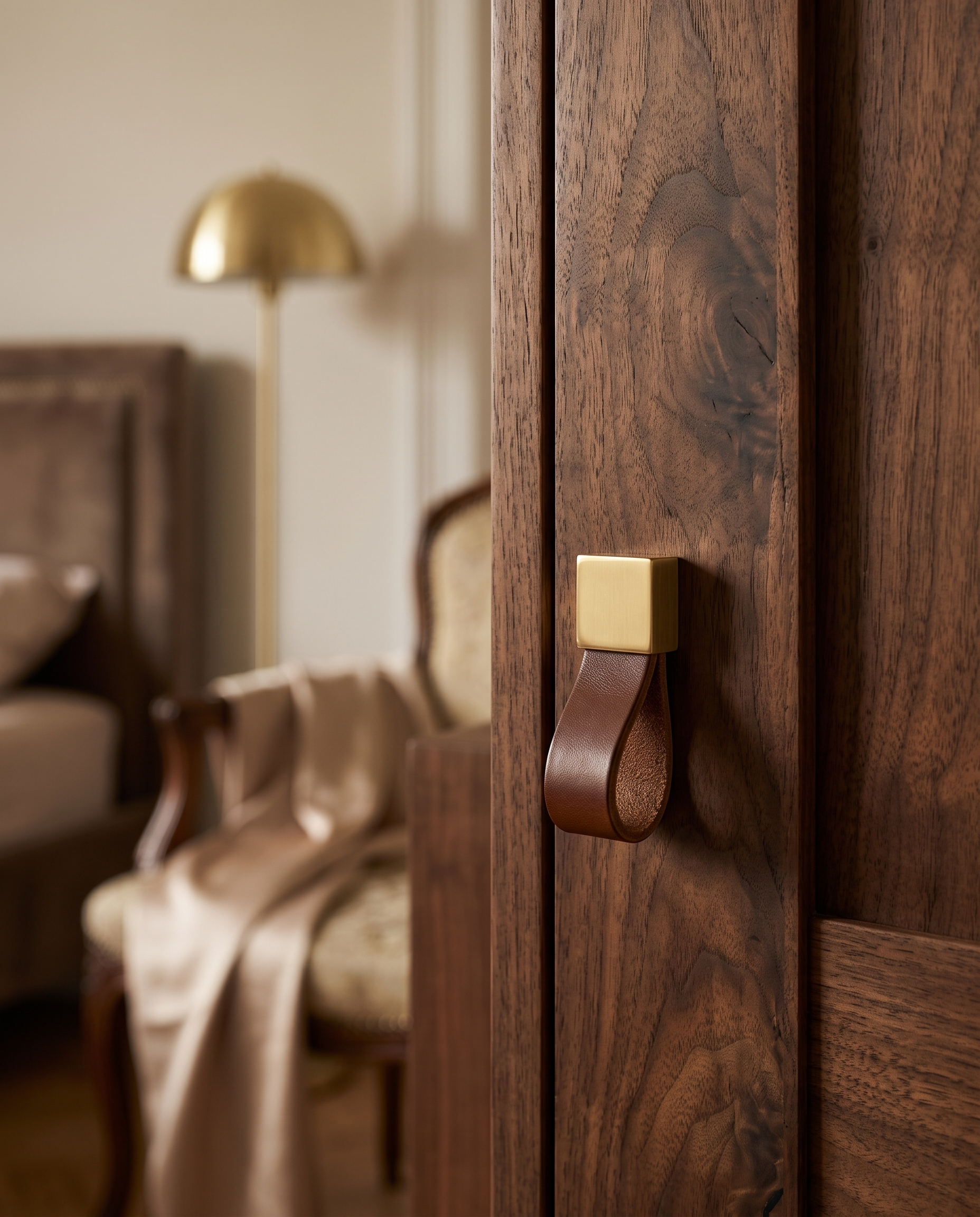 Leather and Brass Cabinet Pull, Zinc Alloy — Brown & Black finish pull, mounted on a walnut wardrobe door