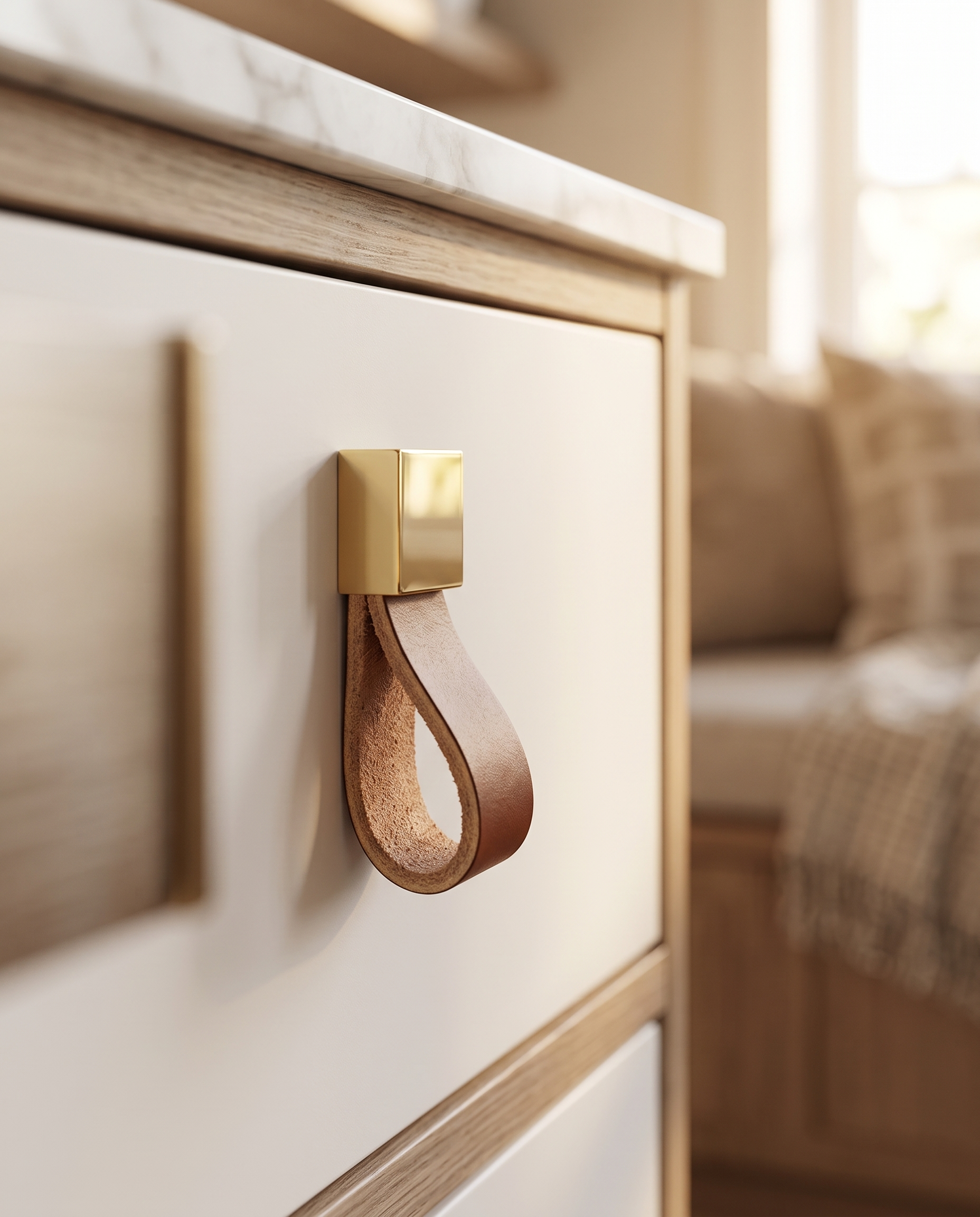 Leather and Brass Cabinet Pull, Zinc Alloy — Gold & Brown finish pull, mounted on a white cabinet drawer