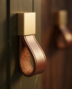 Leather and Brass Cabinet Pull, Zinc Alloy — macro detail of leather strap and brass fixings, mounted on a cabinet