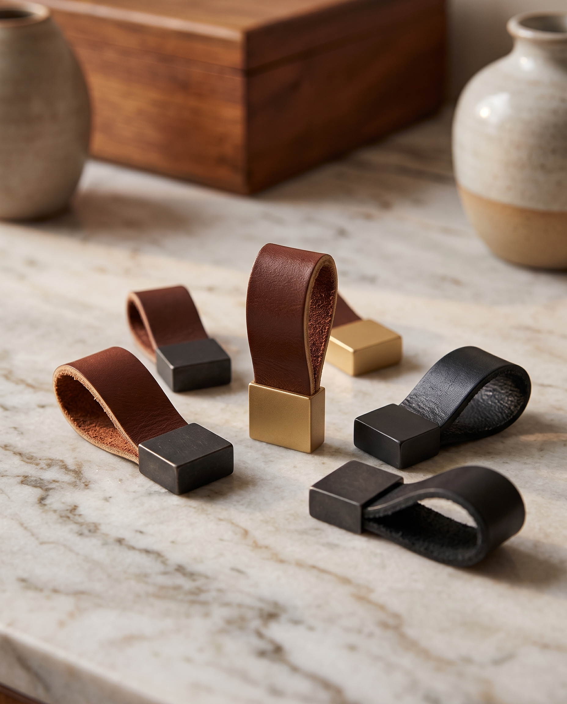 Leather and Brass Cabinet Pull, Zinc Alloy — full range of finishes, arranged on a marble surface
