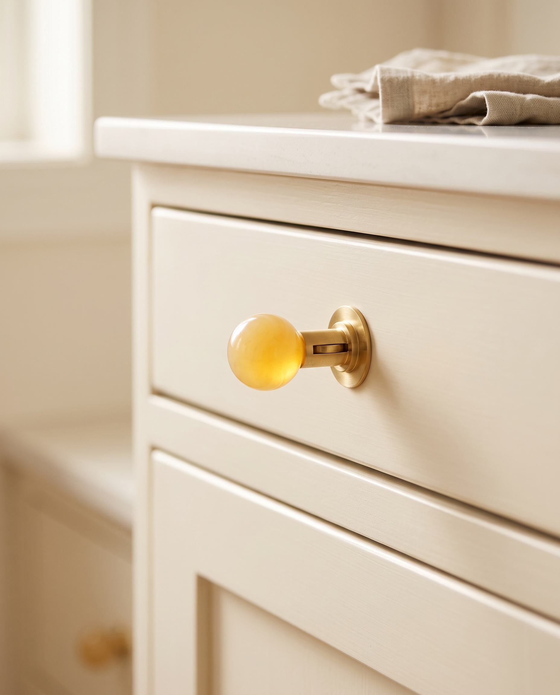 Brass and Crystal Cabinet Knob, Faceted — Yellow crystal, installed on cream Shaker kitchen cabinet drawer