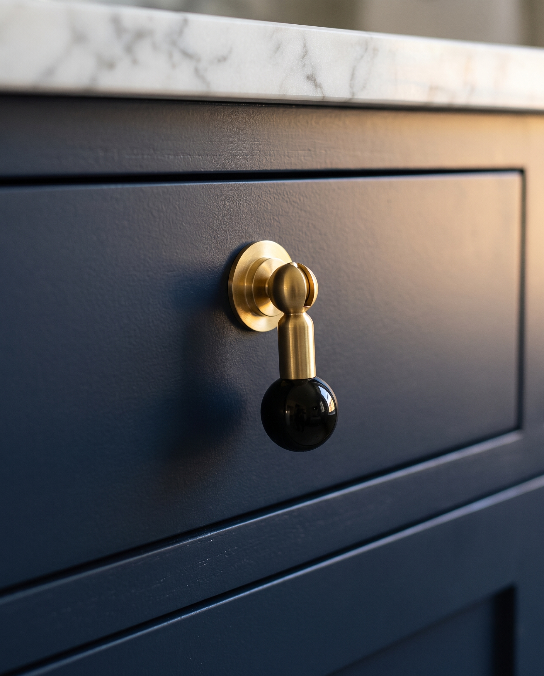 Brass and Crystal Cabinet Knob, Faceted — Black crystal, installed on navy vanity drawer with marble countertop