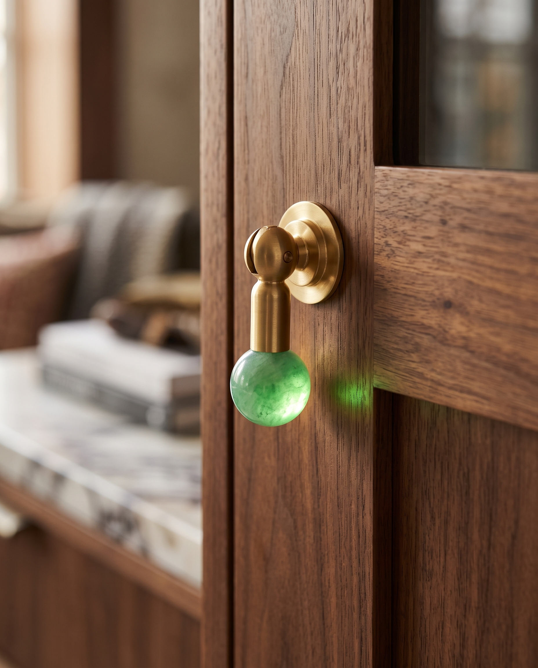 Brass and Crystal Cabinet Knob, Faceted — Green crystal, installed on warm walnut wood cabinet door