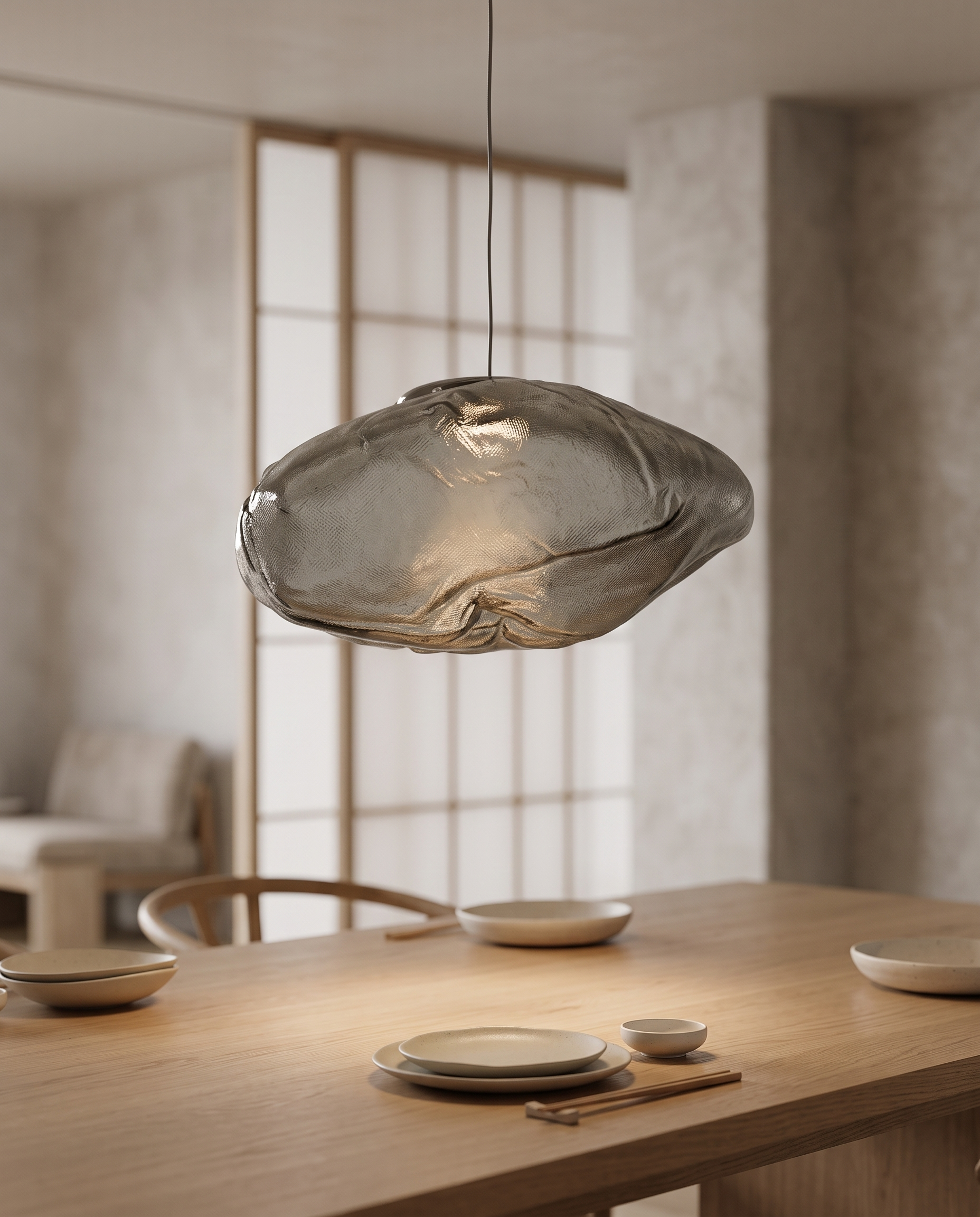Sculpted Cloud Glass Pendant Light, LED — Smoky Gray hero, over a wooden dining table in a modern Japandi dining room