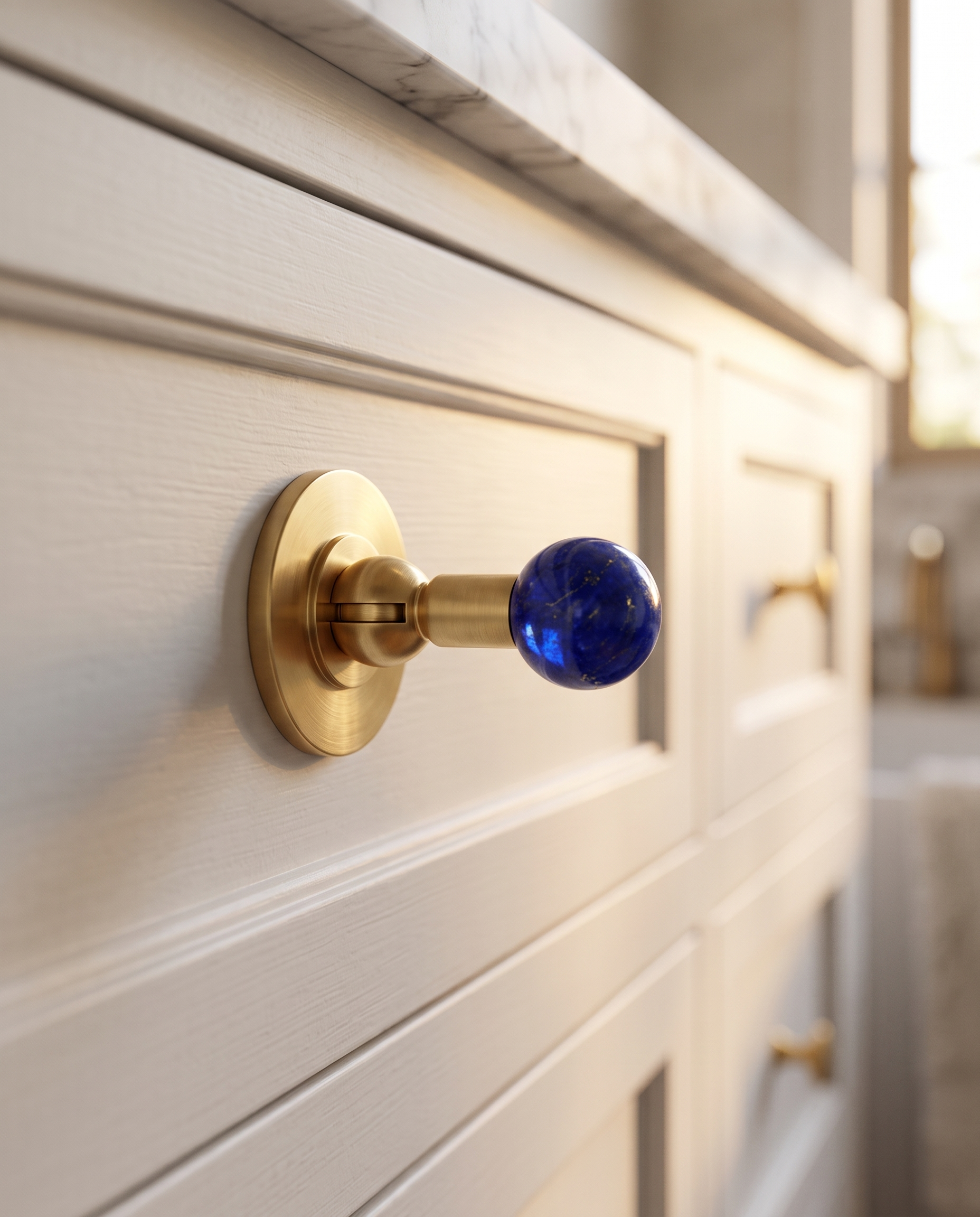 Brass and Crystal Cabinet Knob, Faceted — Blue crystal, installed on white bathroom vanity drawer
