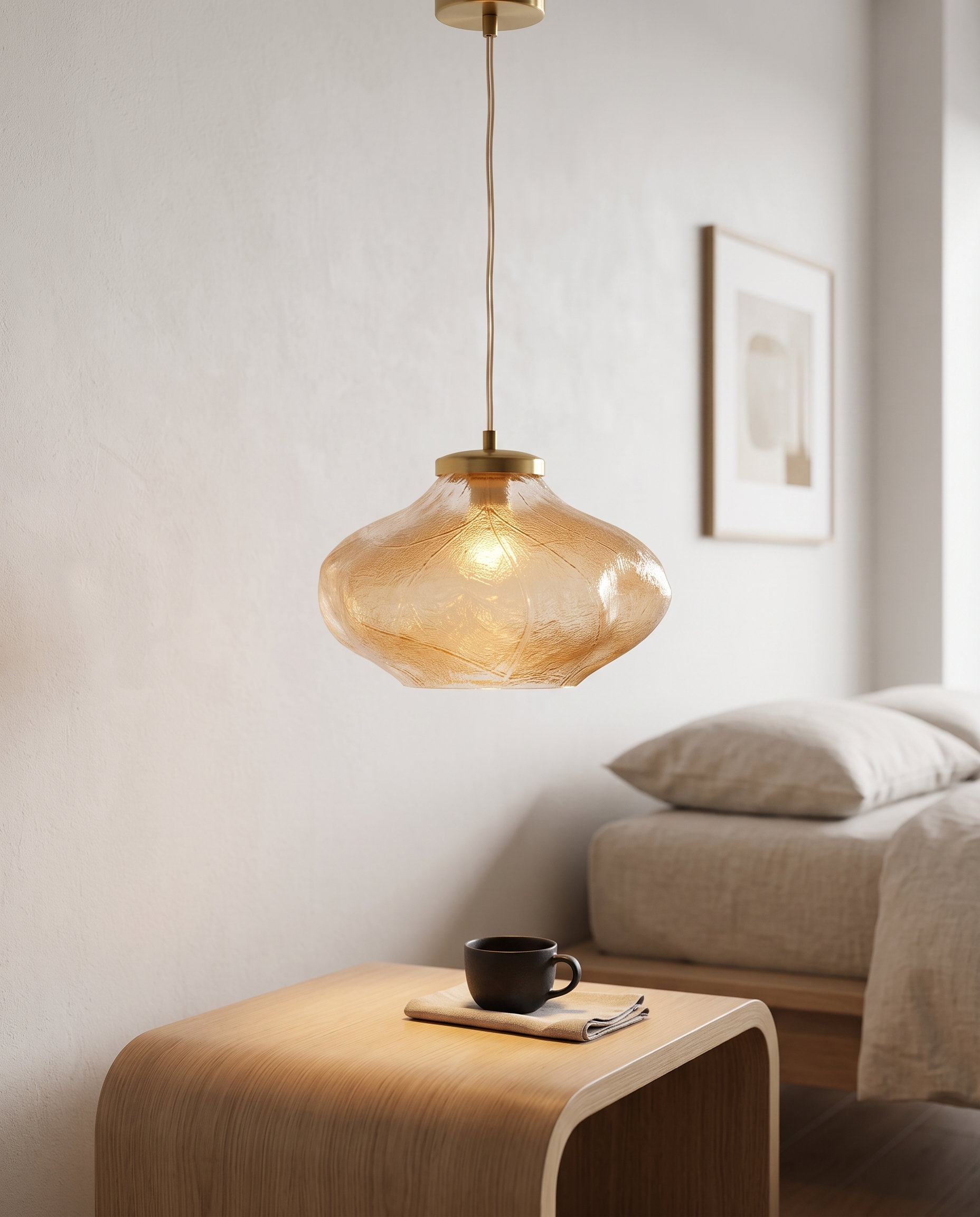 Sculpted Cloud Glass Pendant Light, LED — Amber hero, beside a bedside table in a serene Japandi bedroom