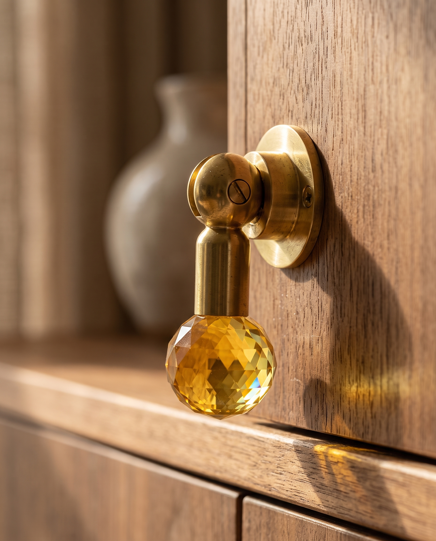 Brass and Crystal Cabinet Knob, Faceted — macro detail of faceted crystal and polished brass base, mounted on cabinet edge