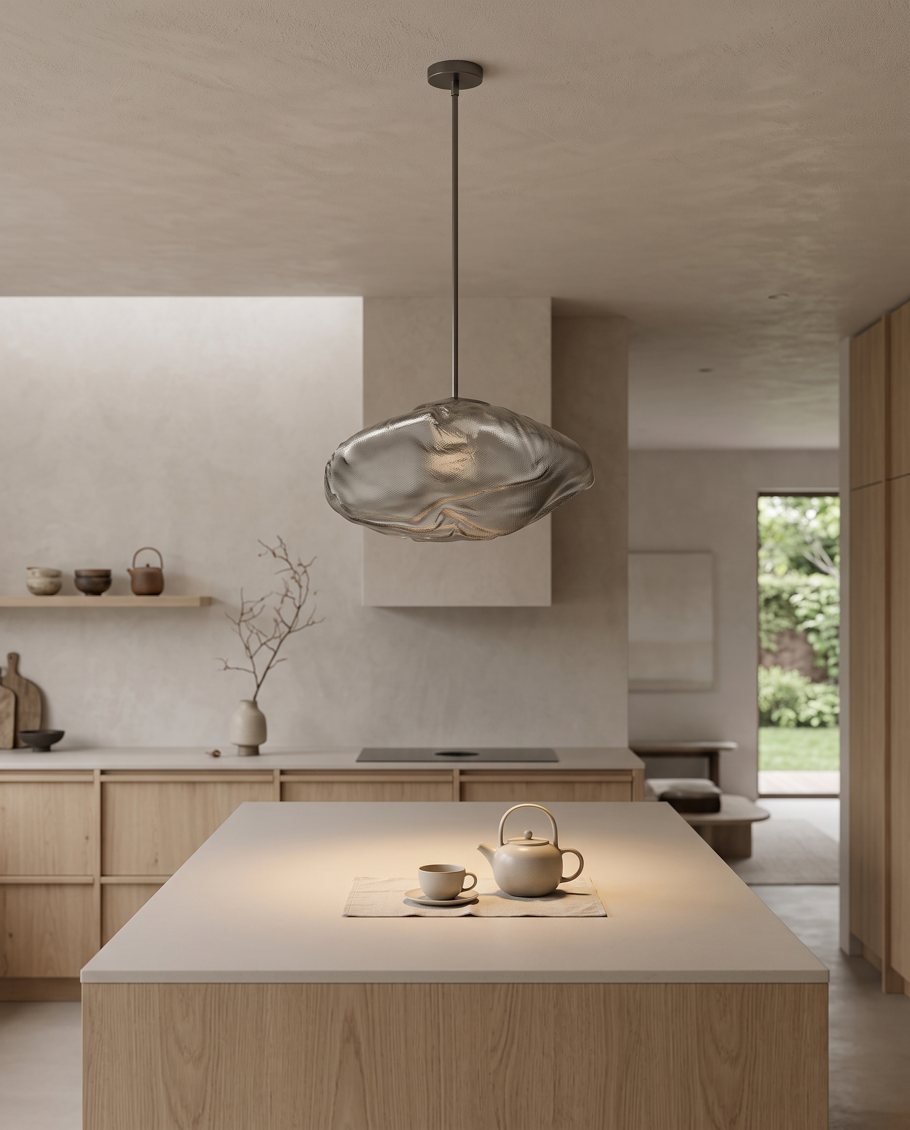 Sculpted Cloud Glass Pendant Light, LED — Smoky Gray placement and scale, wider view over a kitchen island in a warm Japandi interior