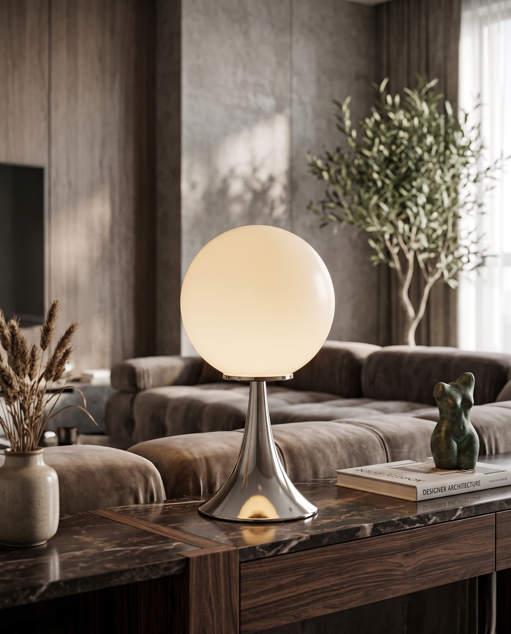 Glass Globe Touch Table Lamp, Dimmable LED — White, modern luxury living room console table