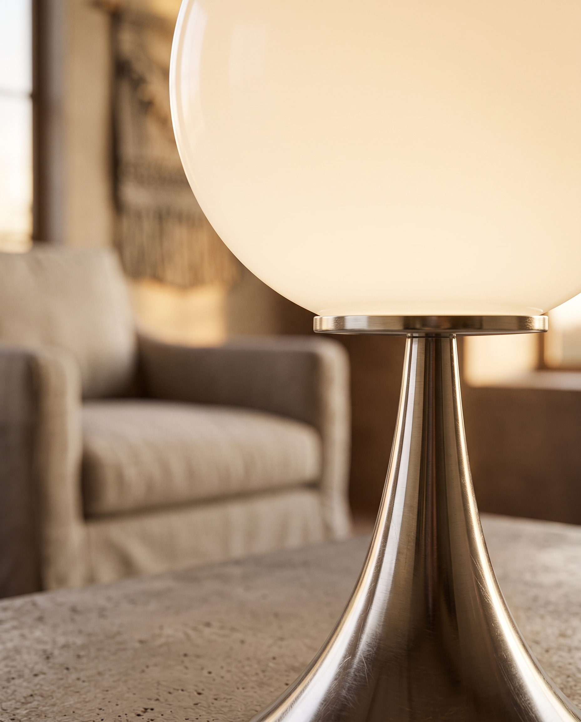 Glass Globe Touch Table Lamp, Dimmable LED — detail macro of glass orb and metal base, warm glow