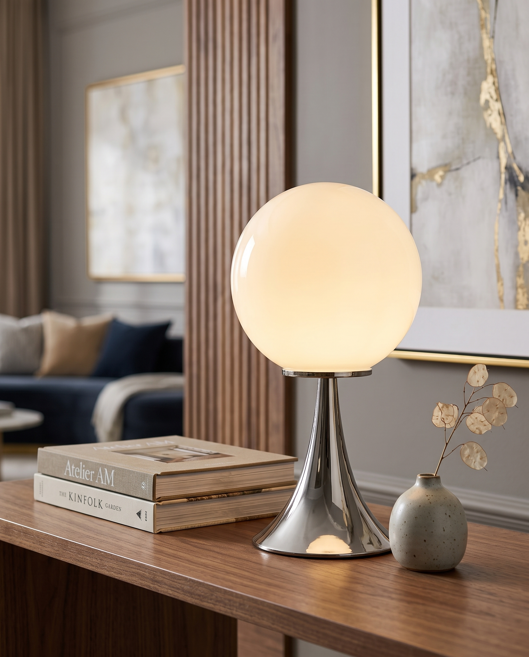Glass Globe Touch Table Lamp, Dimmable LED — placement and scale with books and vase, modern luxury interior