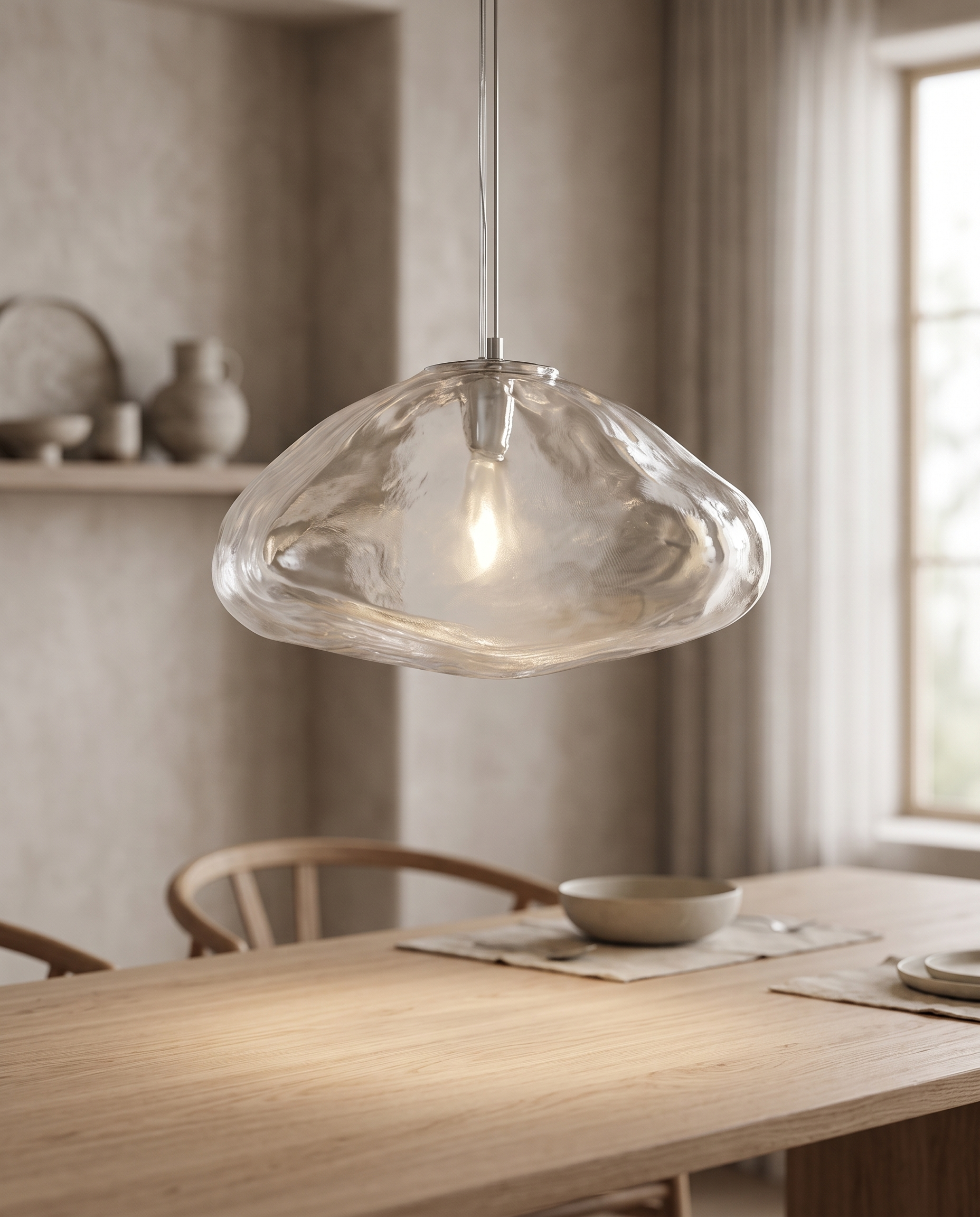 Sculpted Cloud Glass Pendant Light, LED — Clear hero, over a wooden dining table in a modern Japandi dining room