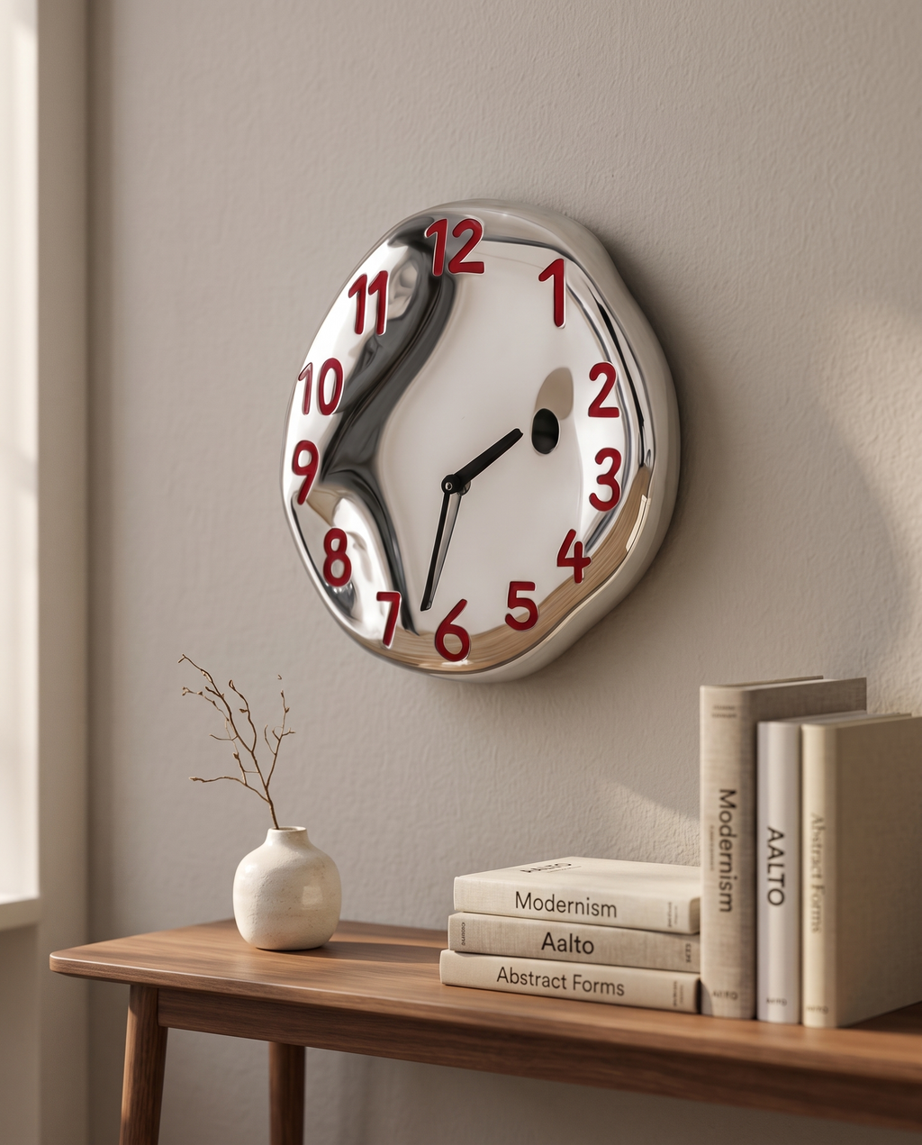 Chrome Ceramic Wall Clock, Silent Quartz — Red, mounted above a living-room console