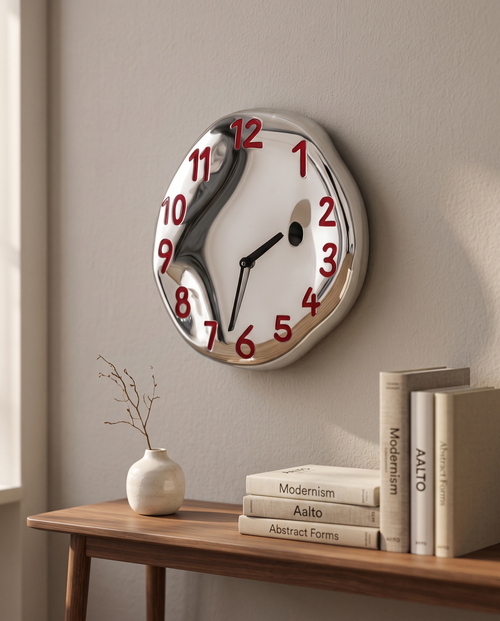 Chrome Ceramic Wall Clock, Silent Quartz — Red, mounted above a living-room console