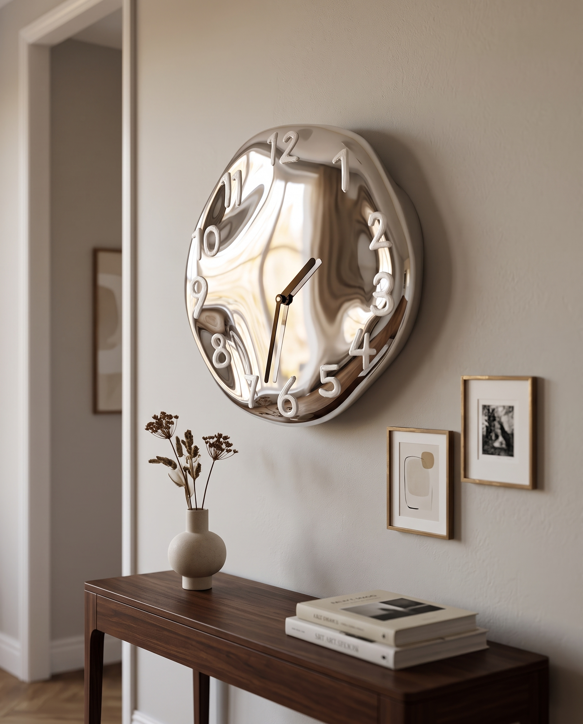 Chrome Ceramic Wall Clock, Silent Quartz — White, mounted above a hallway console