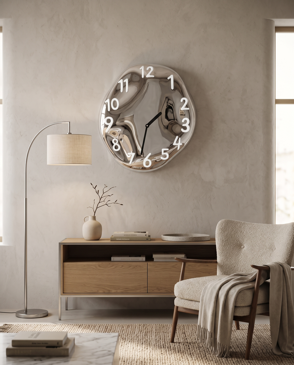 Chrome Ceramic Wall Clock, Silent Quartz — White, wall placement with furniture for scale