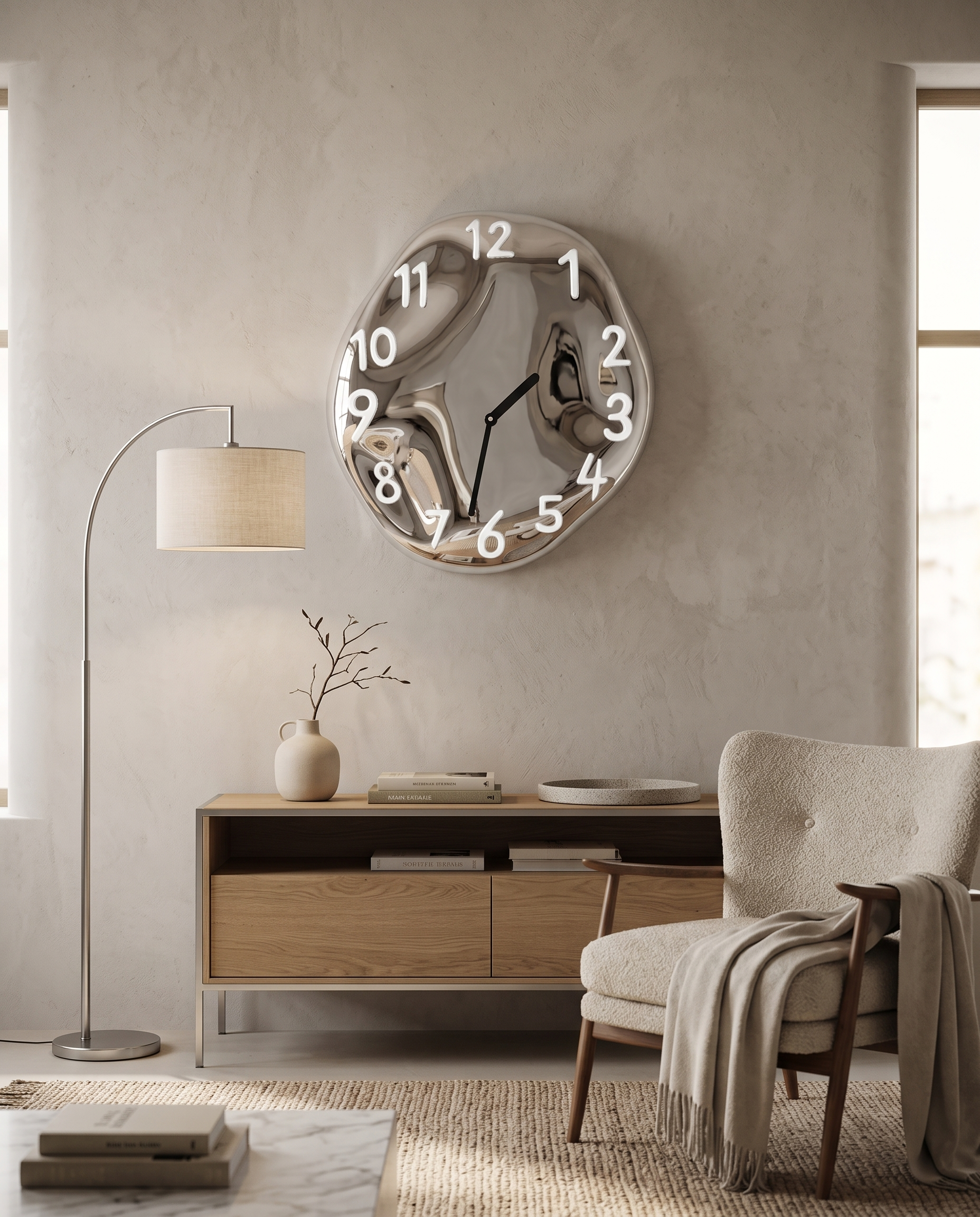 Chrome Ceramic Wall Clock, Silent Quartz — White, wall placement with furniture for scale