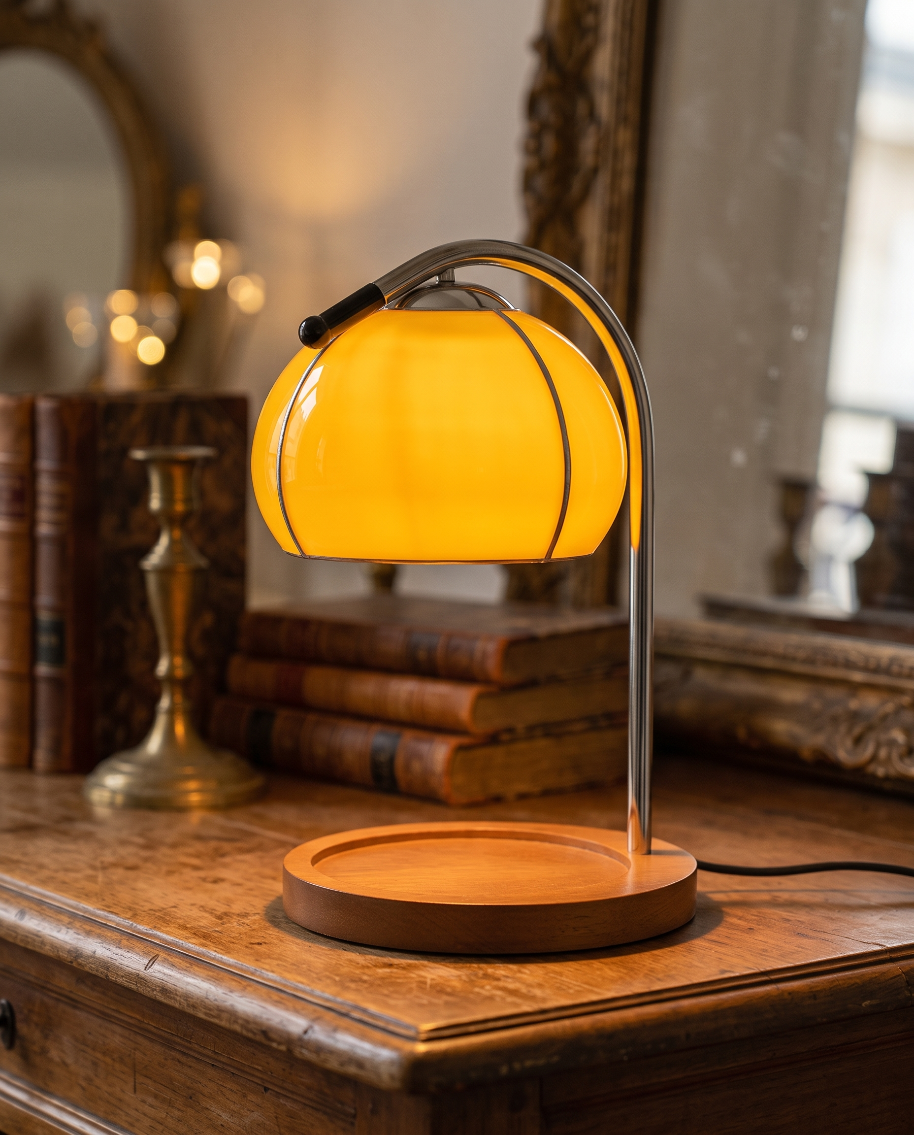 Stained Glass Candle Warmer Lamp, LED — Yellow hero, aged-wood console in a warm vintage Parisian interior