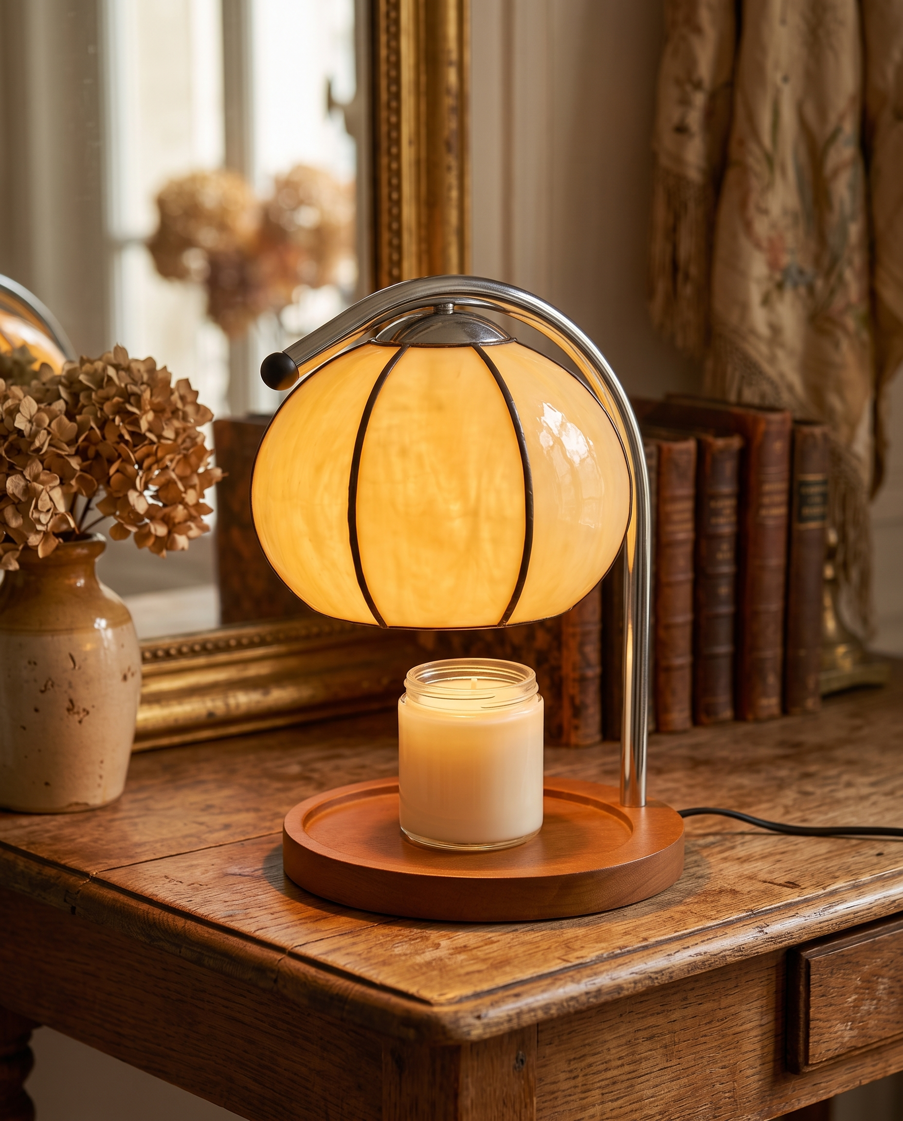 Stained Glass Candle Warmer Lamp, LED — Beige hero, aged-wood console in a warm vintage Parisian interior
