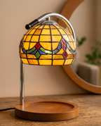 Stained Glass Candle Warmer Lamp, LED — macro detail of leaded stained-glass panels, warm vintage interior