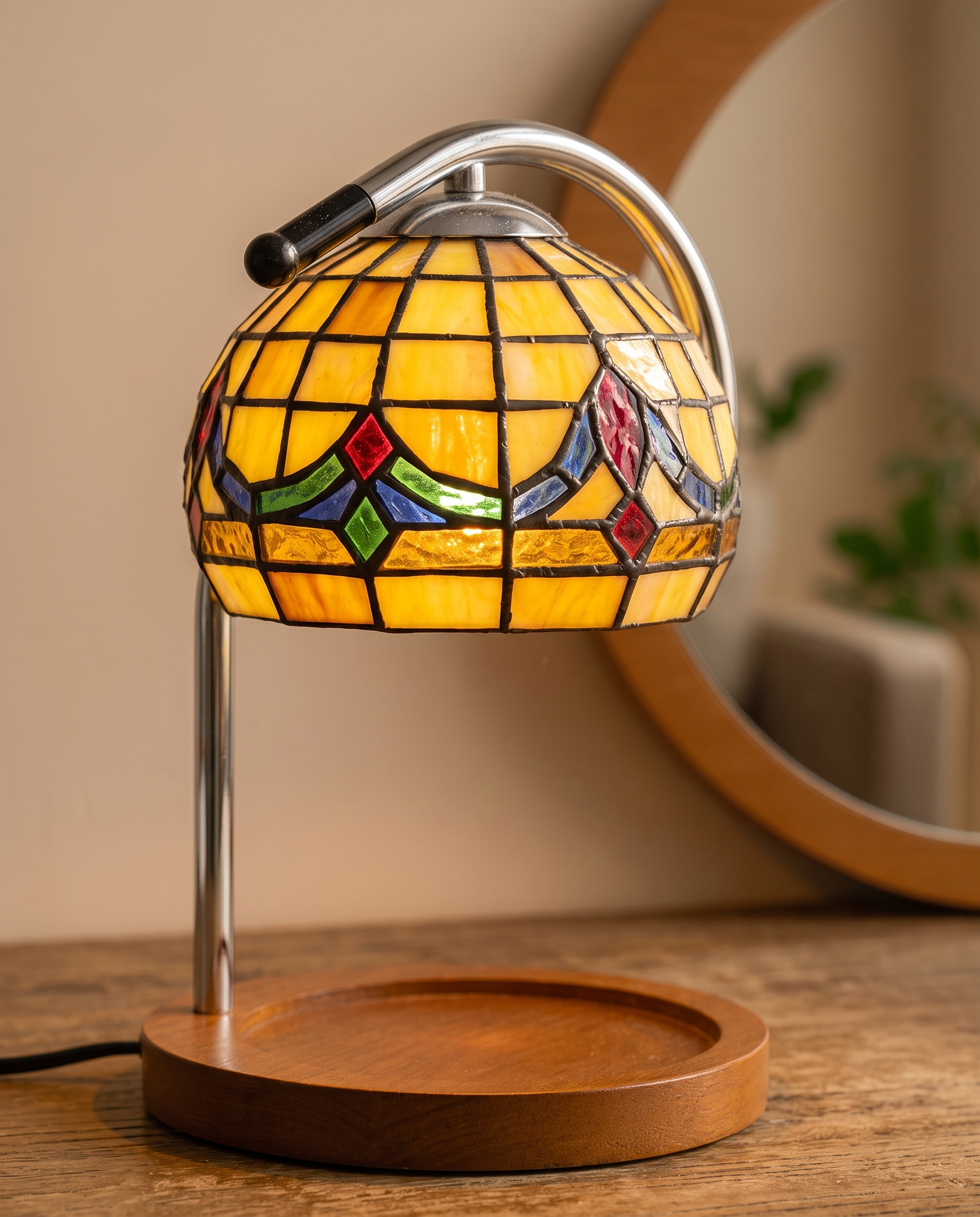 Stained Glass Candle Warmer Lamp, LED — macro detail of leaded stained-glass panels, warm vintage interior