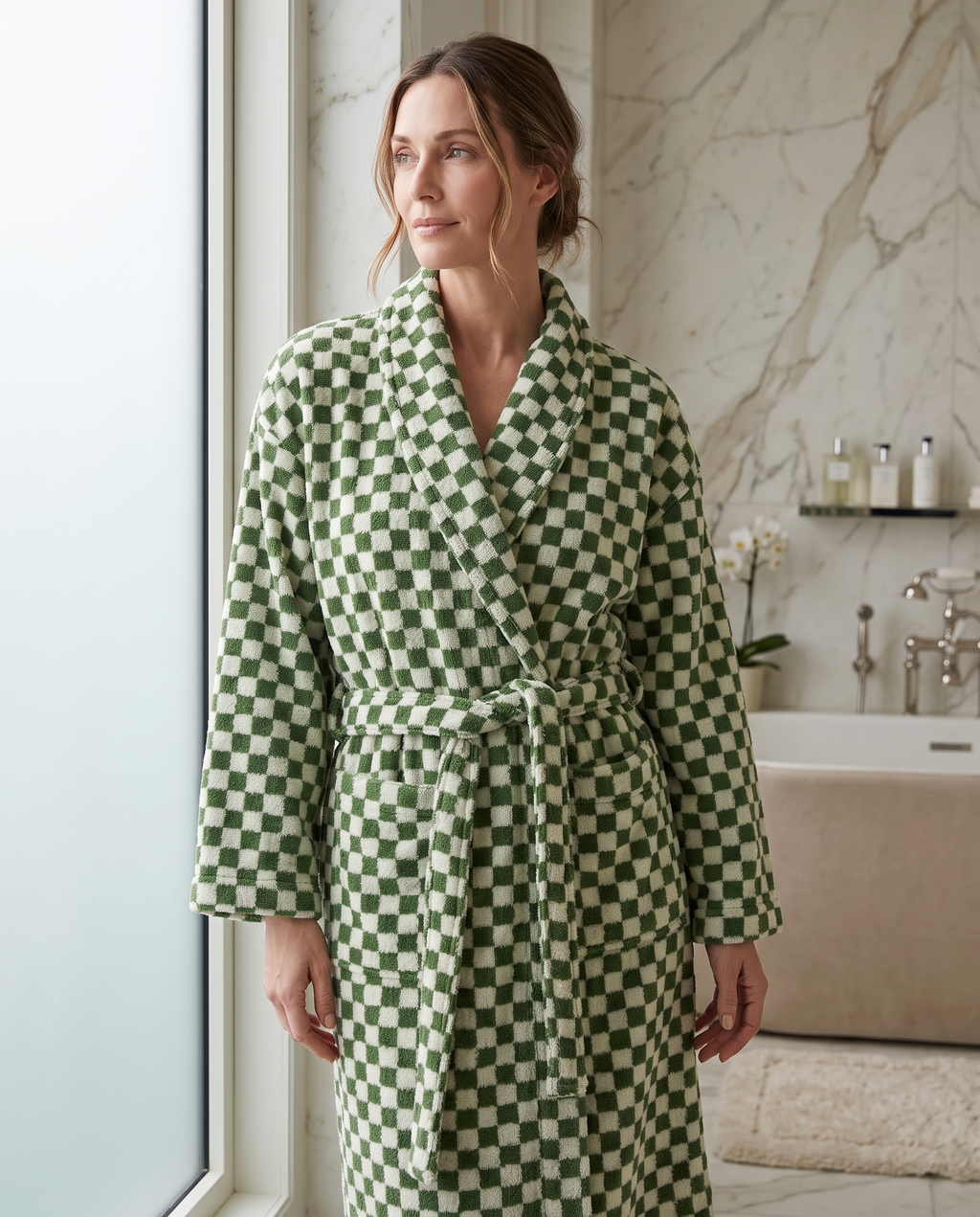 Green and Yellow Plaid Organic Cotton Bathrobe — Green on adult model, luxury spa bathroom
