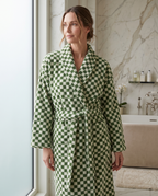 Green and Yellow Plaid Organic Cotton Bathrobe — Green on adult model, luxury spa bathroom