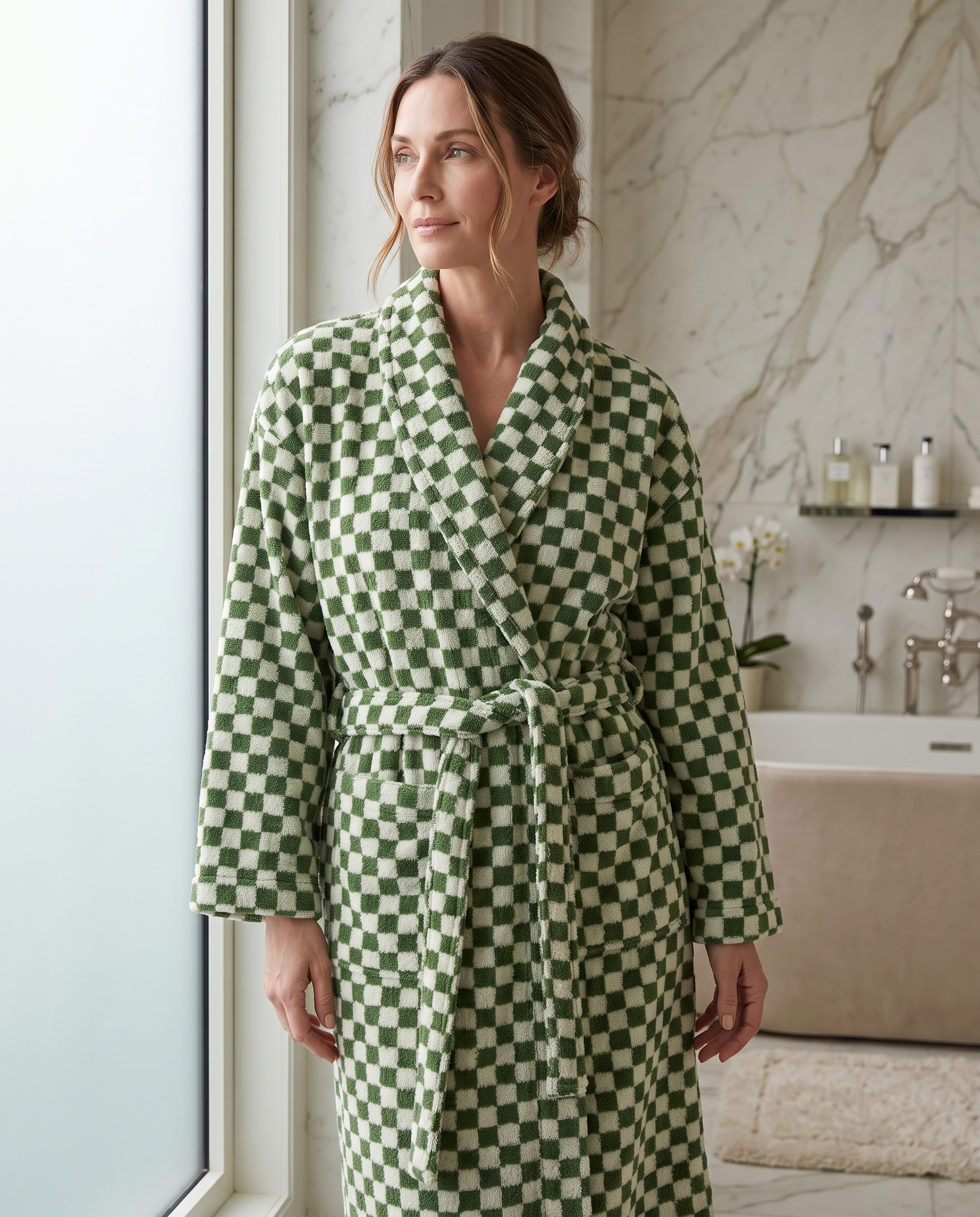 Green and Yellow Plaid Organic Cotton Bathrobe — Green on adult model, luxury spa bathroom