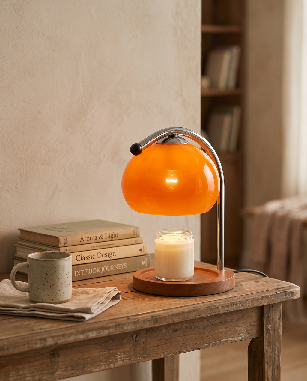 Stained Glass Candle Warmer Lamp, LED — placement with books and mug for scale, warm vintage interior