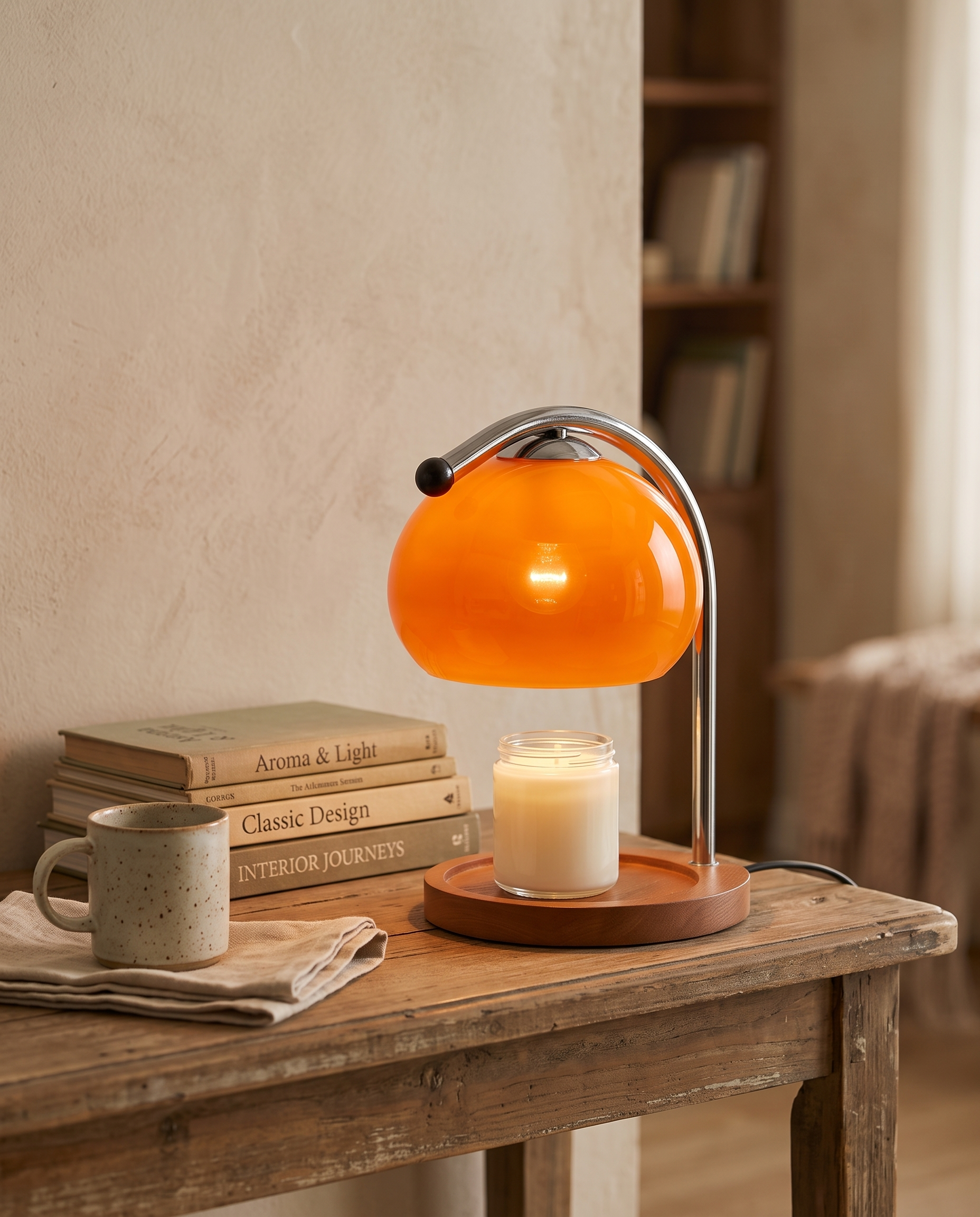 Stained Glass Candle Warmer Lamp, LED — placement with books and mug for scale, warm vintage interior