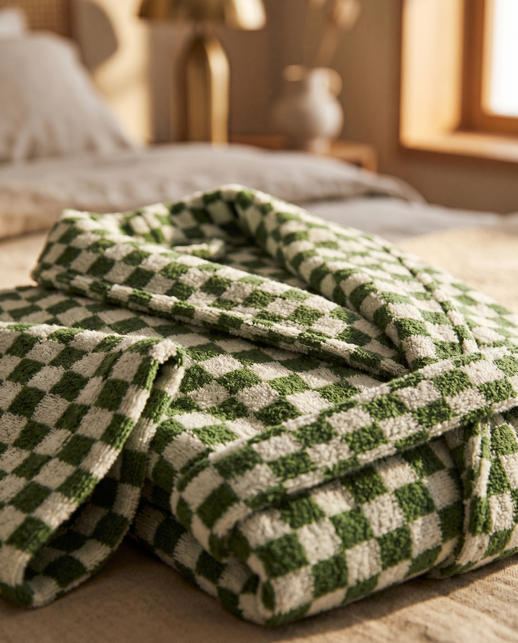 Green and Yellow Plaid Organic Cotton Bathrobe — macro detail of jacquard weave, warm side light