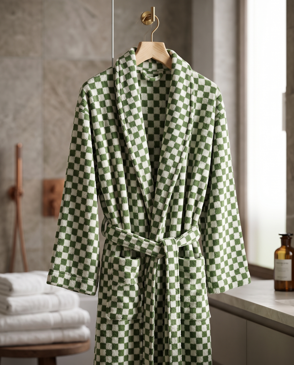 Green and Yellow Plaid Organic Cotton Bathrobe — green robe on wooden hanger, natural folds, spa bathroom