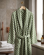 Green and Yellow Plaid Organic Cotton Bathrobe — green robe on wooden hanger, natural folds, spa bathroom