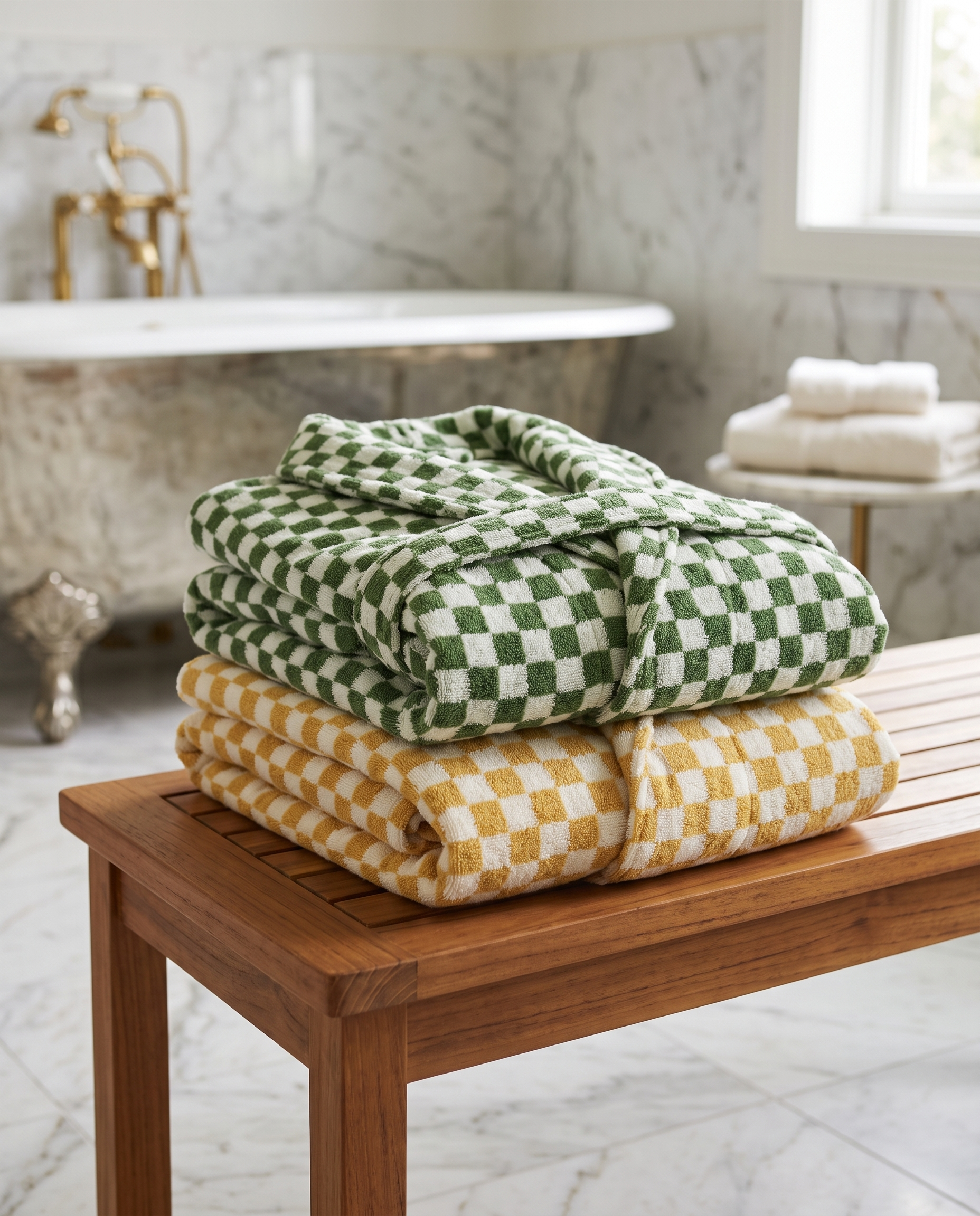 Green and Yellow Plaid Organic Cotton Bathrobe — folded spa stack of green and yellow, marble bathroom