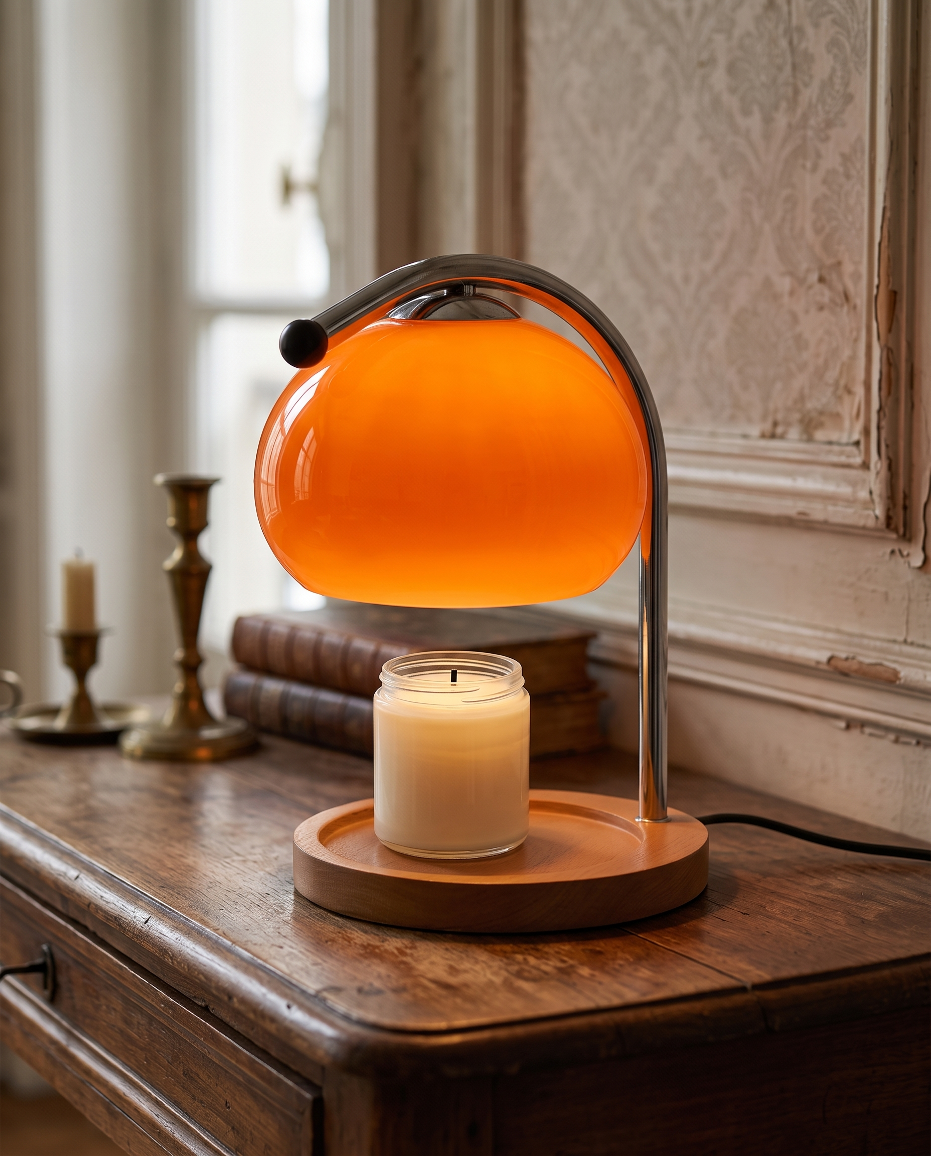 Stained Glass Candle Warmer Lamp, LED — Orange hero, aged-wood console in a warm vintage Parisian interior