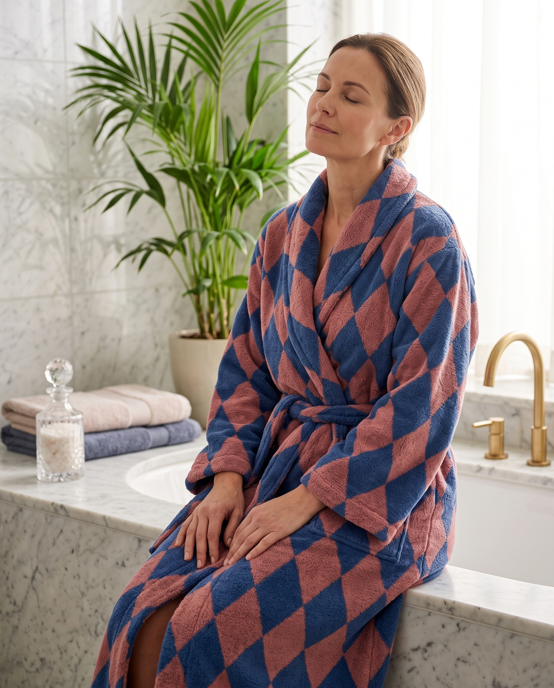 Diamond Jacquard Organic Cotton Bathrobe, Two Colors — Pink & Blue, woman wearing the robe, luxury spa bathroom