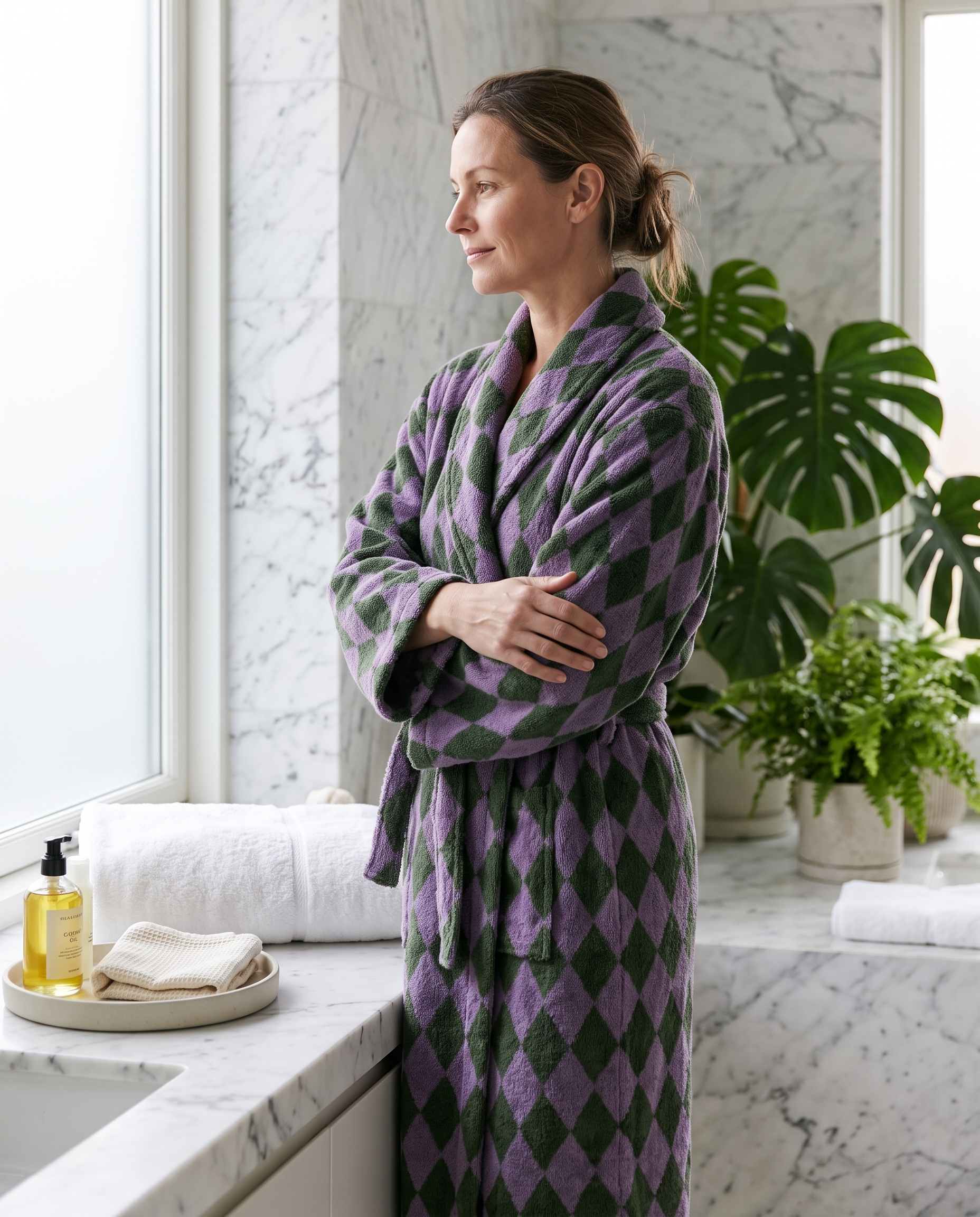 Diamond Jacquard Organic Cotton Bathrobe, Two Colors — Purple & Green, woman wearing the robe, luxury spa bathroom