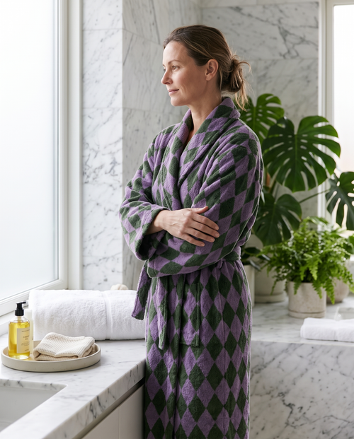 Diamond Jacquard Organic Cotton Bathrobe, Two Colors — Purple & Green, woman wearing the robe, luxury spa bathroom