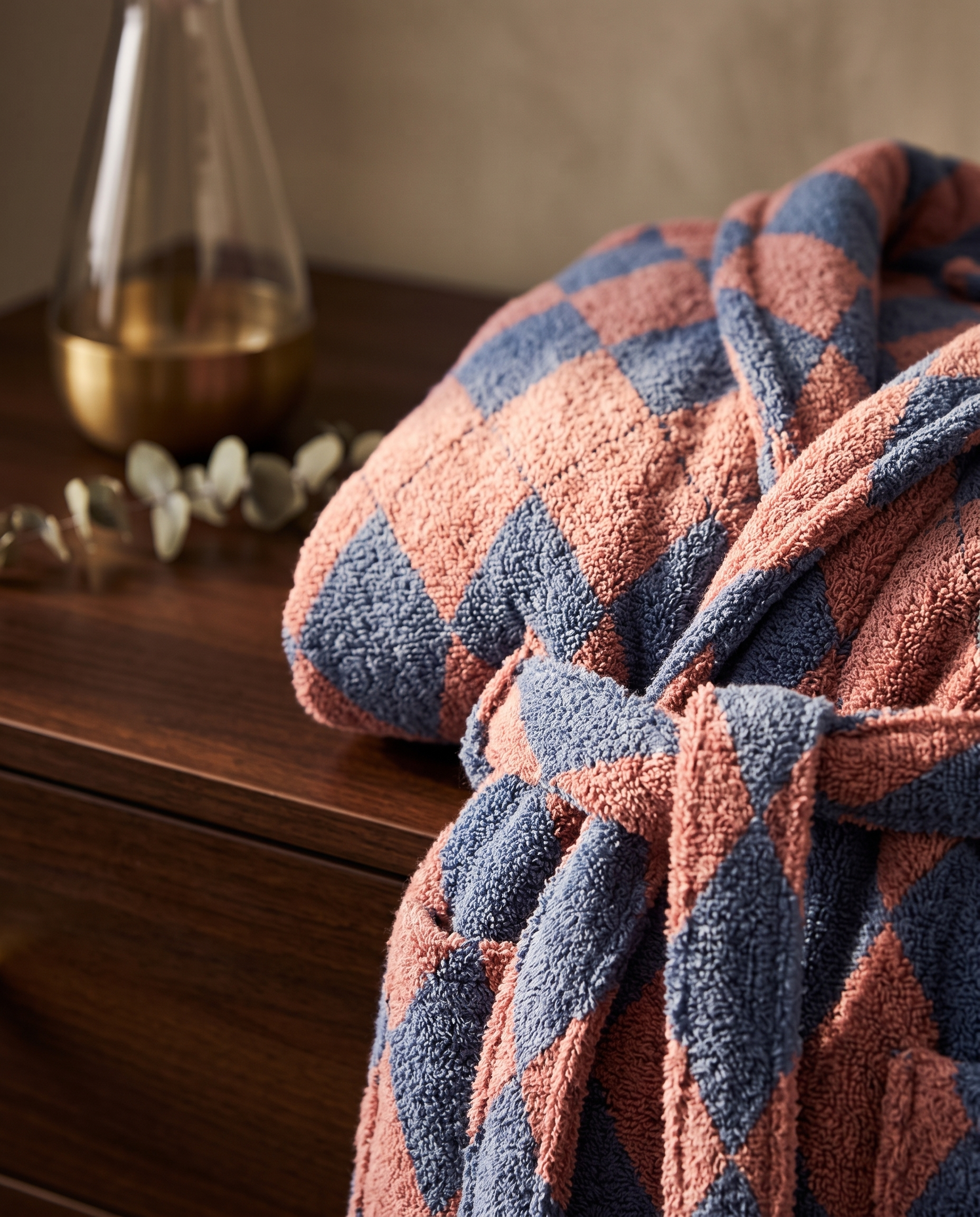 Diamond Jacquard Organic Cotton Bathrobe, Two Colors — Pink & Blue, macro detail of the diamond jacquard weave, warm side light
