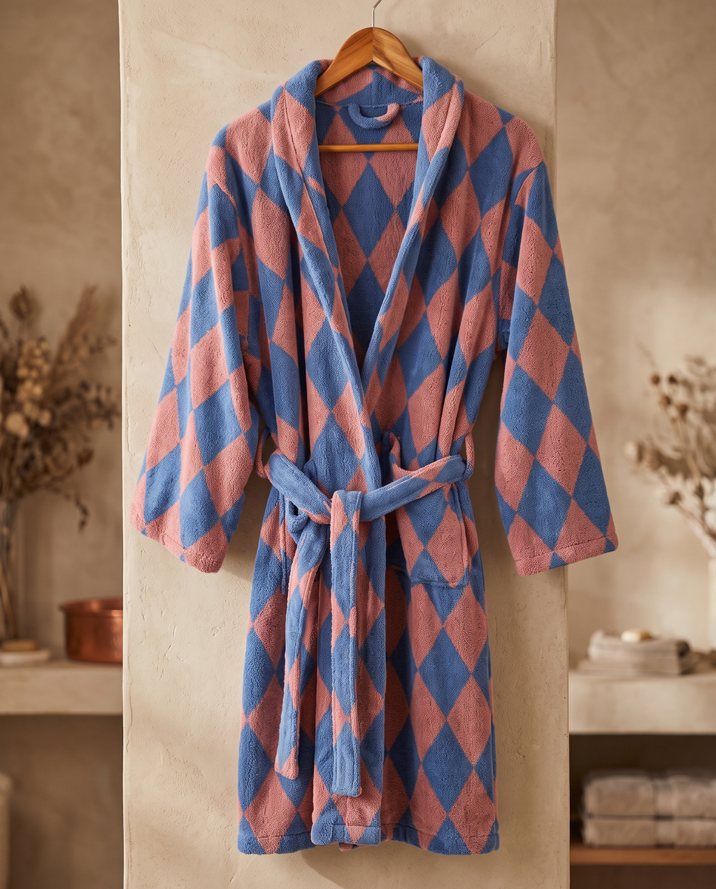 Diamond Jacquard Organic Cotton Bathrobe, Two Colors — Pink & Blue, robe on a wooden hanger with natural folds, softly lit spa wall