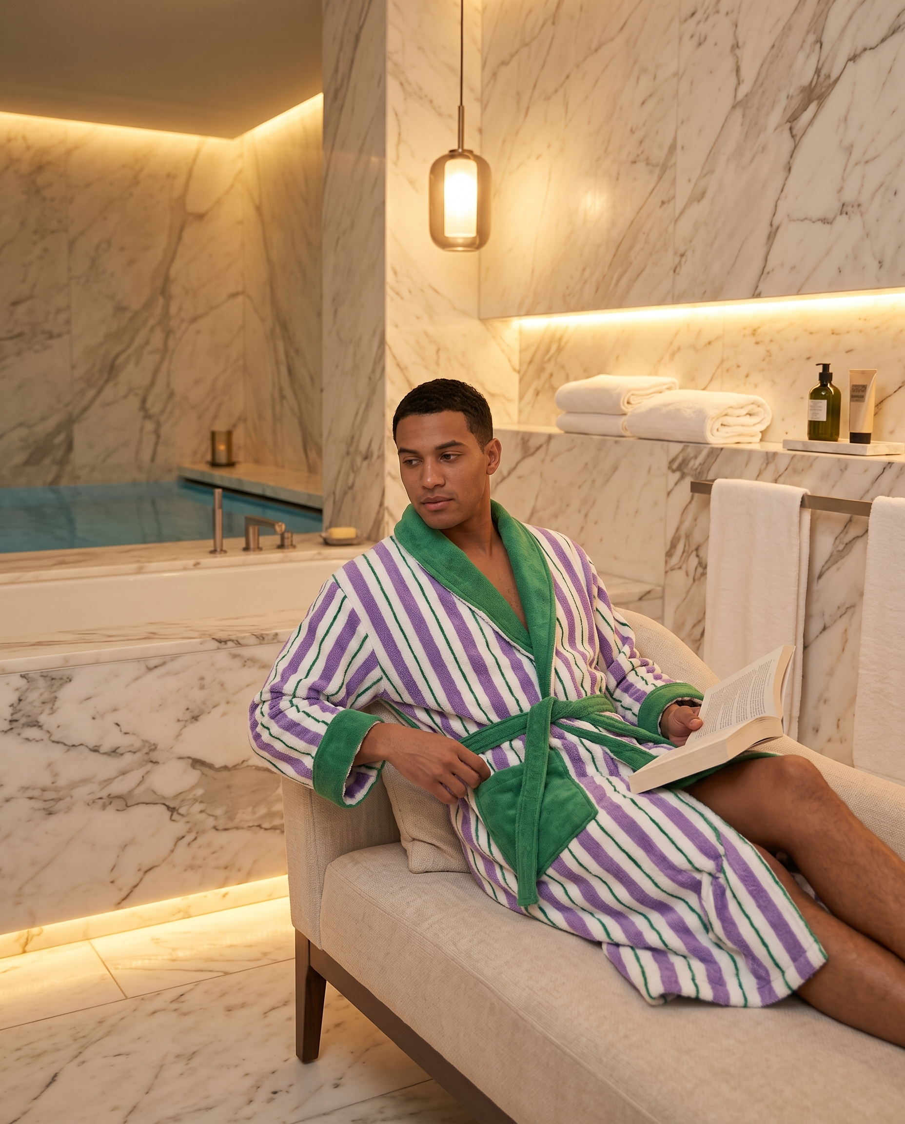 Yarn-Dyed Stripe Organic Cotton Bathrobe — Green & Purple, adult model wearing, luxury spa hotel bathroom