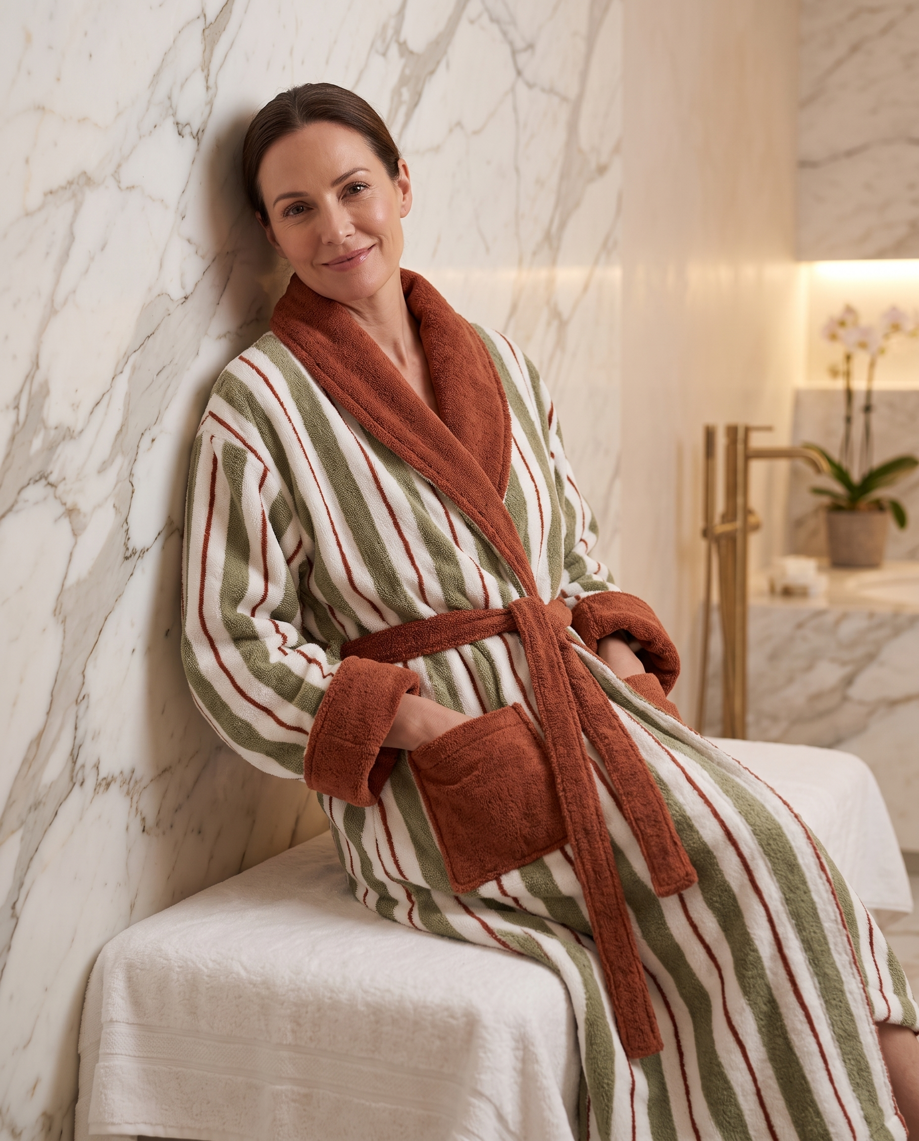 Yarn-Dyed Stripe Organic Cotton Bathrobe — Rust & Khaki, adult model wearing, luxury spa hotel bathroom