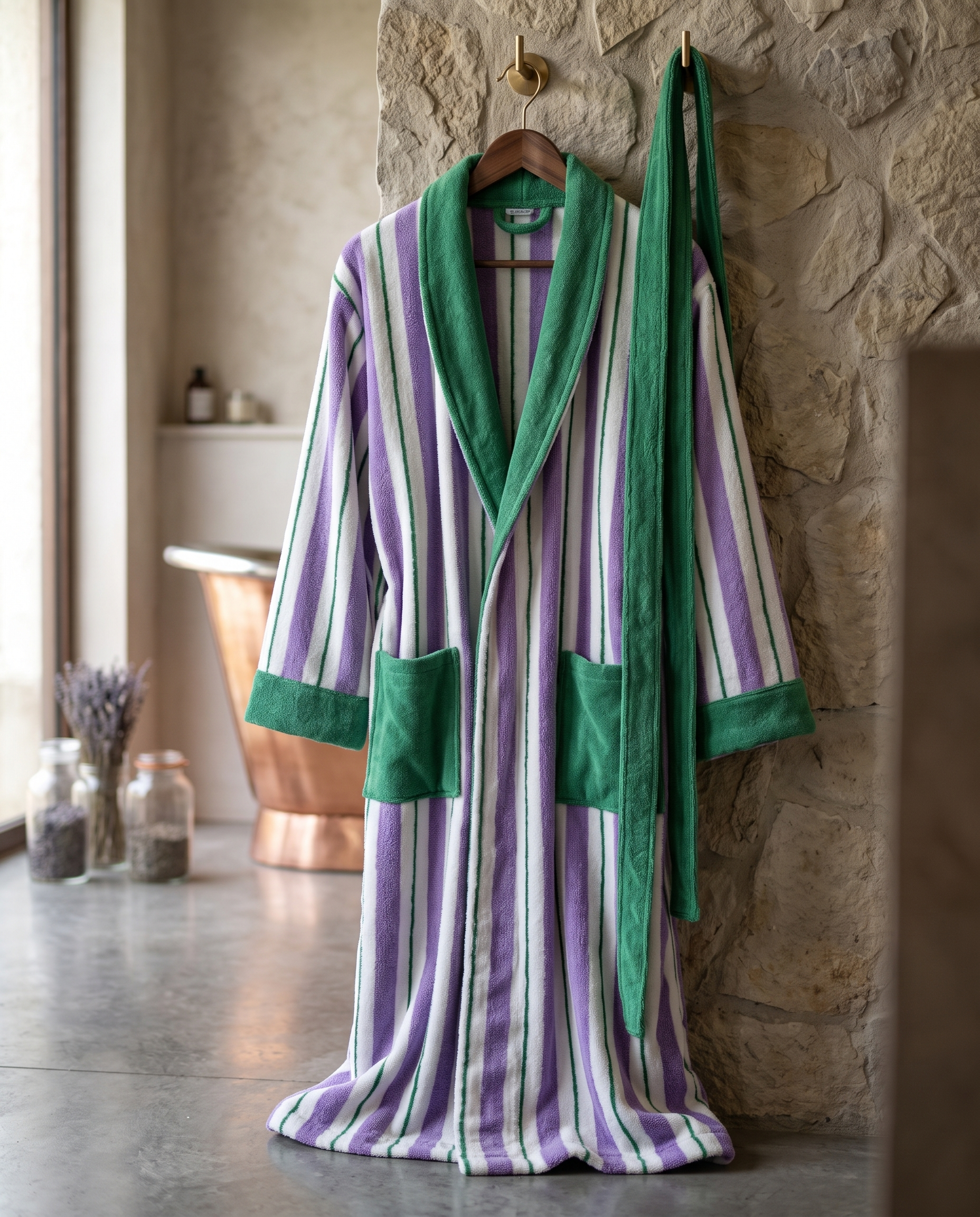 Yarn-Dyed Stripe Organic Cotton Bathrobe — on a wooden hanger with natural folds, luxury spa bathroom