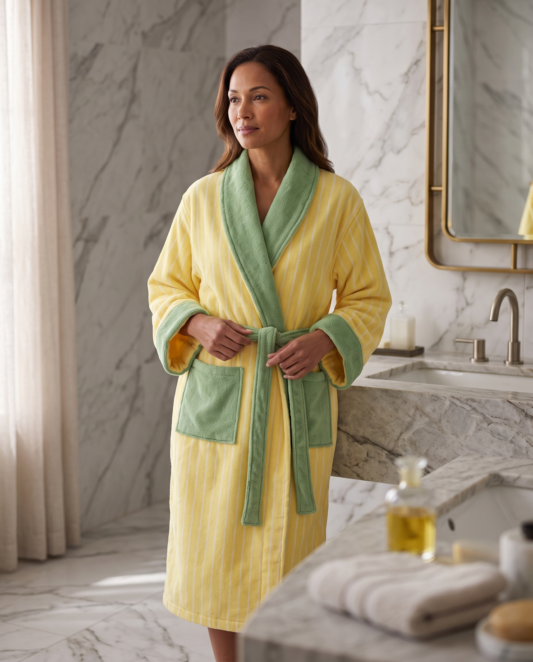 Multicolor Striped Organic Cotton Bathrobe — Yellow & Green
