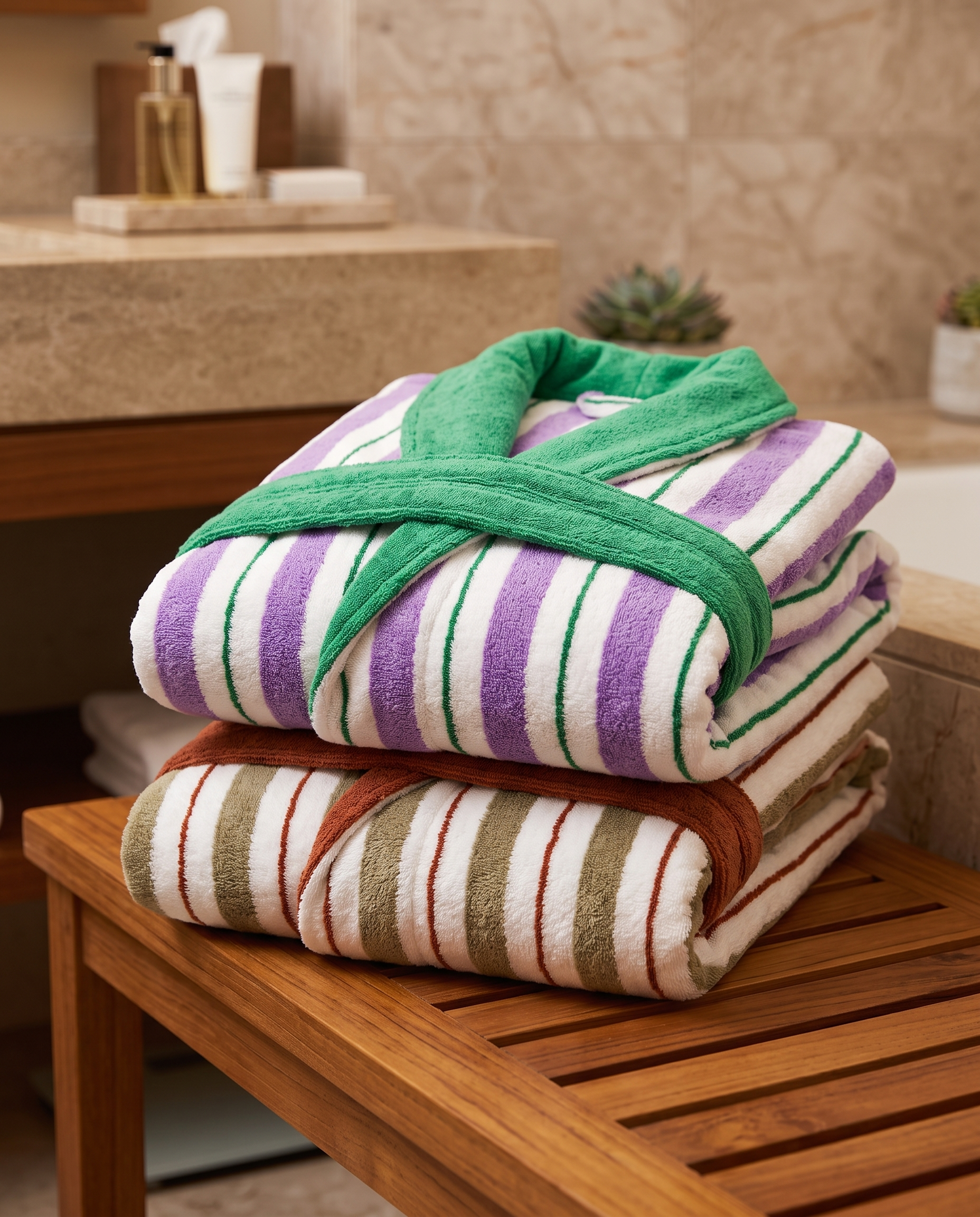 Yarn-Dyed Stripe Organic Cotton Bathrobe — folded spa stack of both colours, warm luxury hotel bathroom