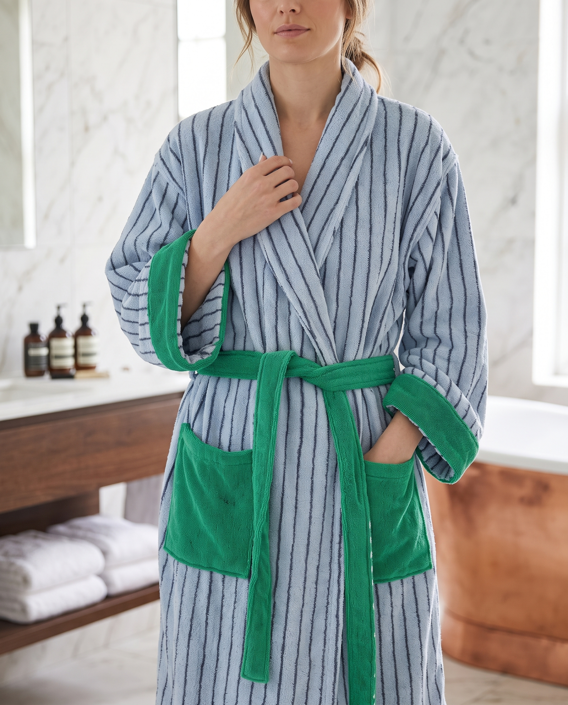 Multicolor Striped Organic Cotton Bathrobe — Blue & Green