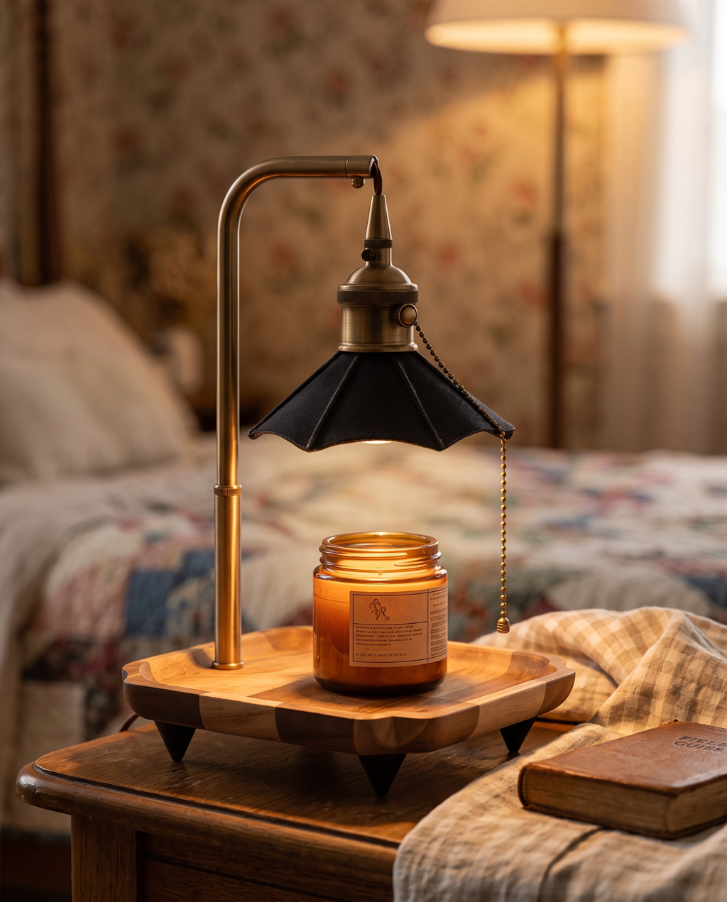 Retro Wax Warmer Lamp, Wood and Metal — Black, hero on bedside table in cozy warm vintage bedroom
